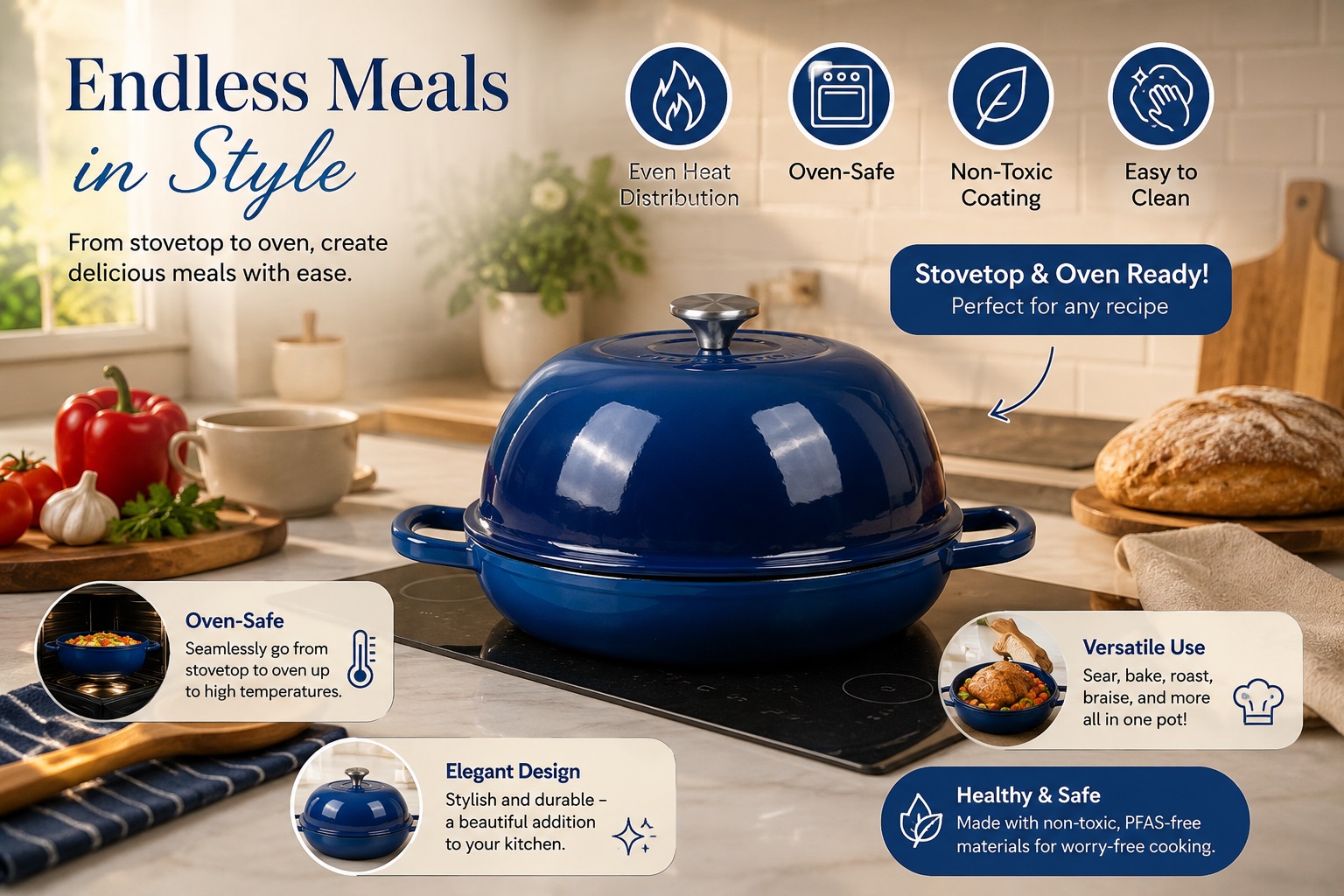 A dark blue, domed-lid cast iron bread cloche on an induction cooktop in a sunlit kitchen, surrounded by fresh ingredients like bell peppers, tomatoes, and artisan bread. The image features text highlighting "Endless Meals in Style" and promotional icons.