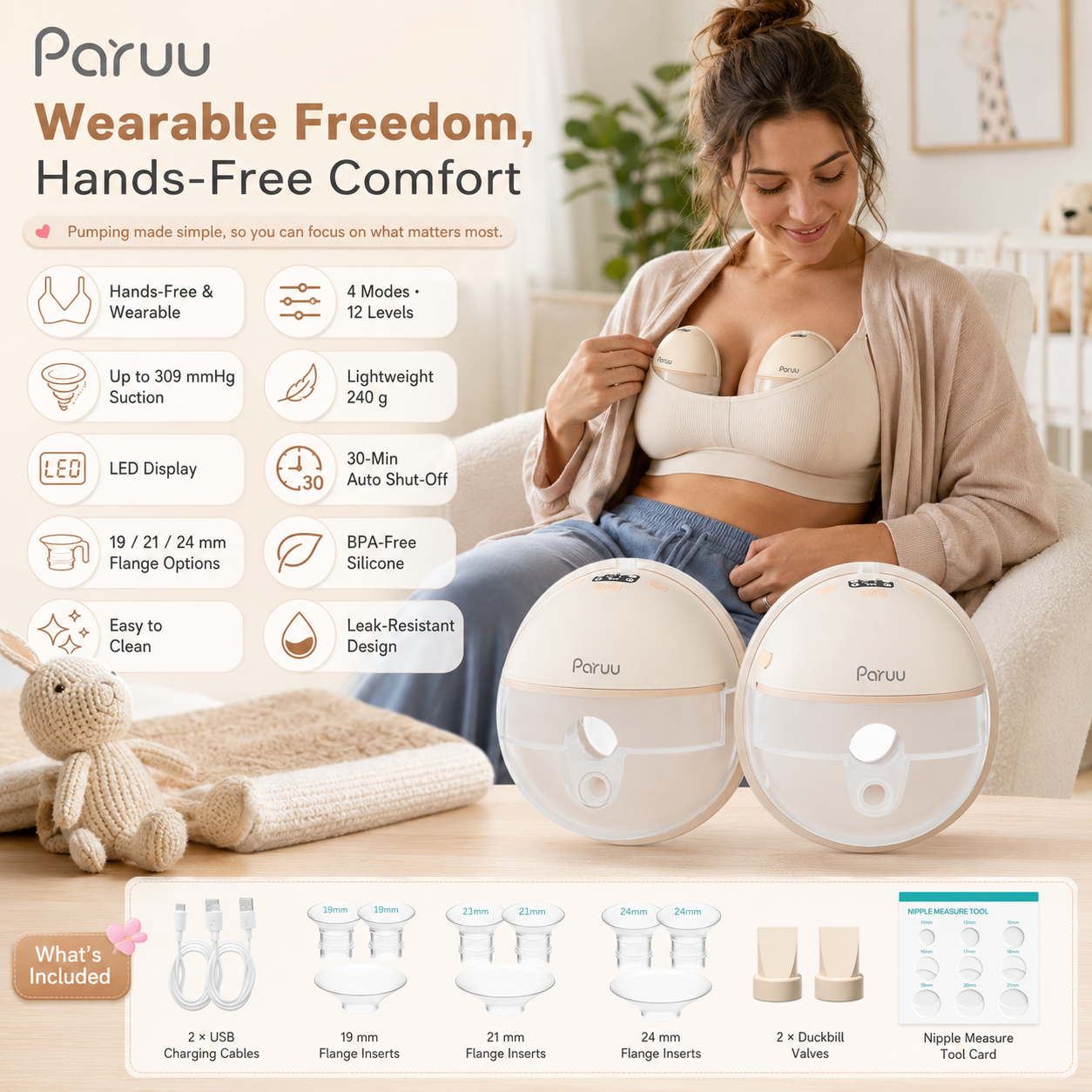 A product lifestyle image for Paruu wearable breast pump (cream edition) showing a mother comfortably pumping hands-free, with a closeup of the pump and all included accessories like charging cables, various flange sizes (19/21/24mm), duckbill valves, and a measurement card.