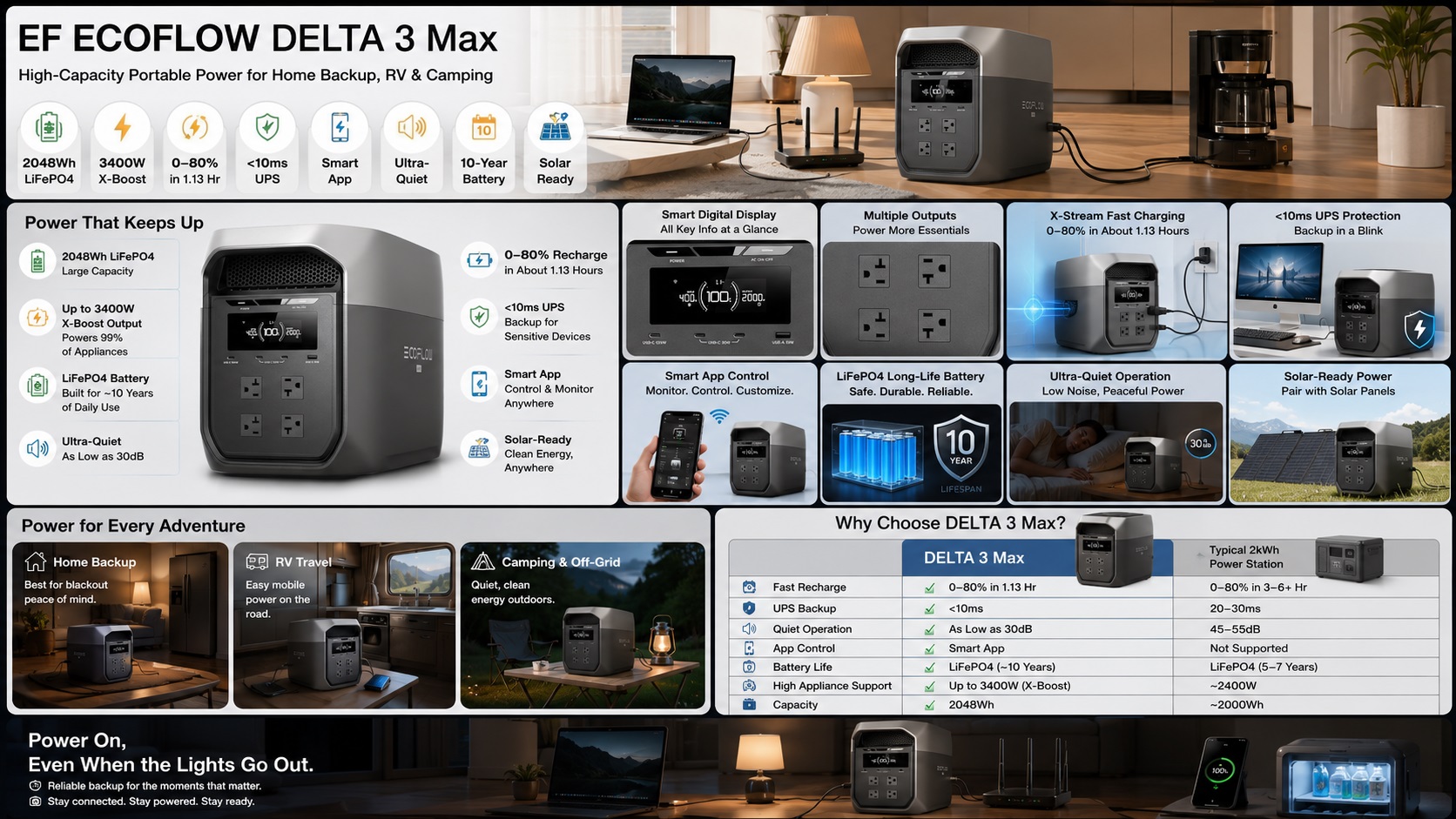 Promotional infographic for the EcoFlow DELTA 3 Max High-Capacity Portable Power Station. Key spec icons for 2048Wh LFP battery, 3400W X-Boost output, 1.13 hr charge, <10ms UPS, smart app, and 10-year lifespan are shown at the top. Below are feature close-up insets for the smart digital display, multiple outputs, X-Stream fast recharge outlet, UPS, LFP battery lifespan, ultra-quiet operation, and solar panel. The bottom features a comparison chart (DELTA 3 Max vs. Typical 2kWh Power Station) and application scenarios (Home Backup, RV Travel, Camping).
