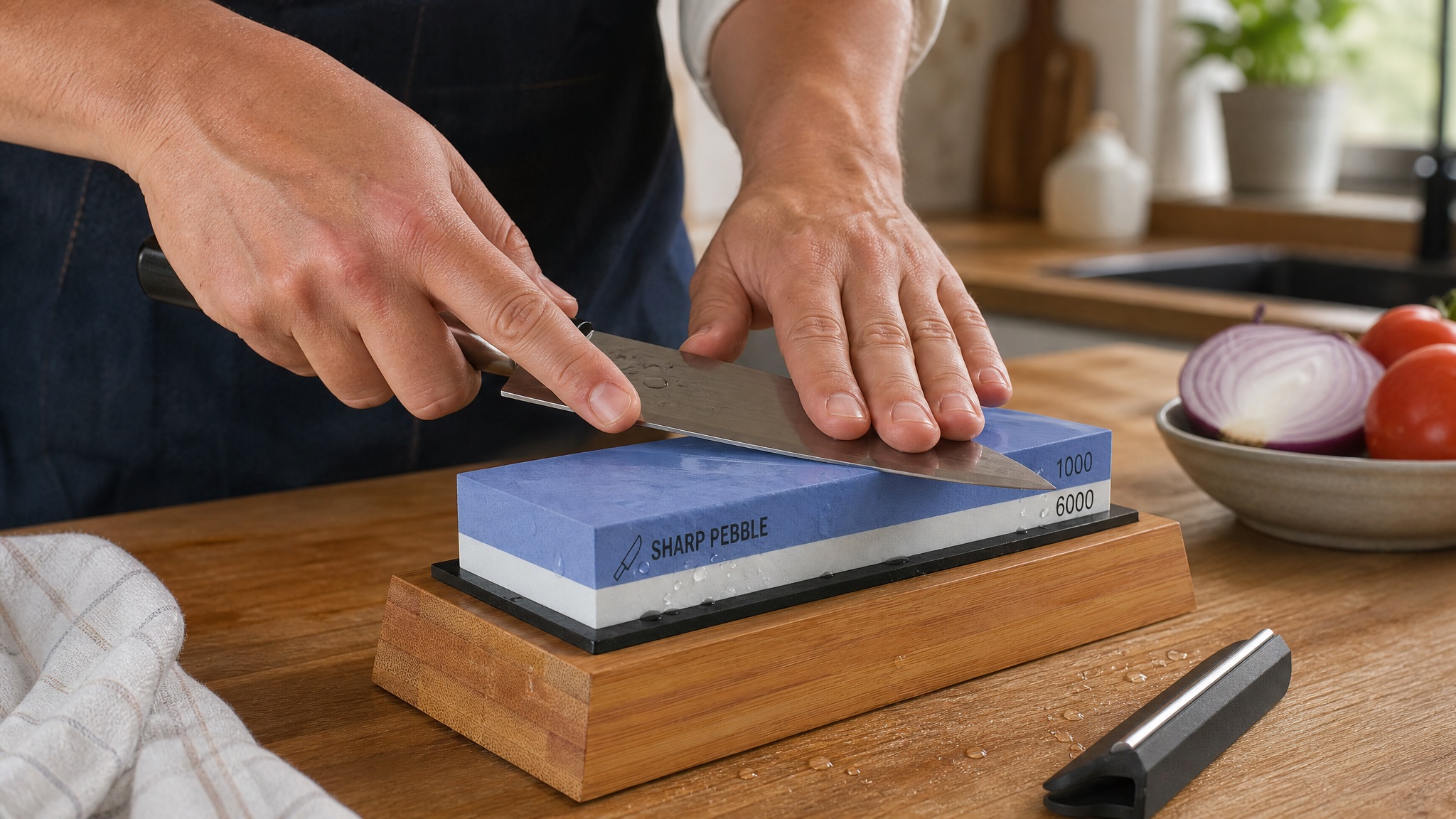 A close-up photograph of a person wearing an apron, using both hands to guide a chef's knife along a dual-grit whetstone. The whetstone is blue and white, resting on a bamboo base, and is marked with 'Sharp Pebble' and '1000/6000'. The background is a kitchen with vegetables on the table.