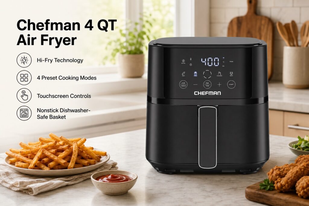 A black Chefman 4 QT Air Fryer sitting on a kitchen counter next to a plate of golden French fries and chicken tenders. The digital touchscreen panel displays a temperature of 400°F, highlighting features like Hi-Fry technology, 4 preset cooking modes, and a nonstick dishwasher-safe basket.