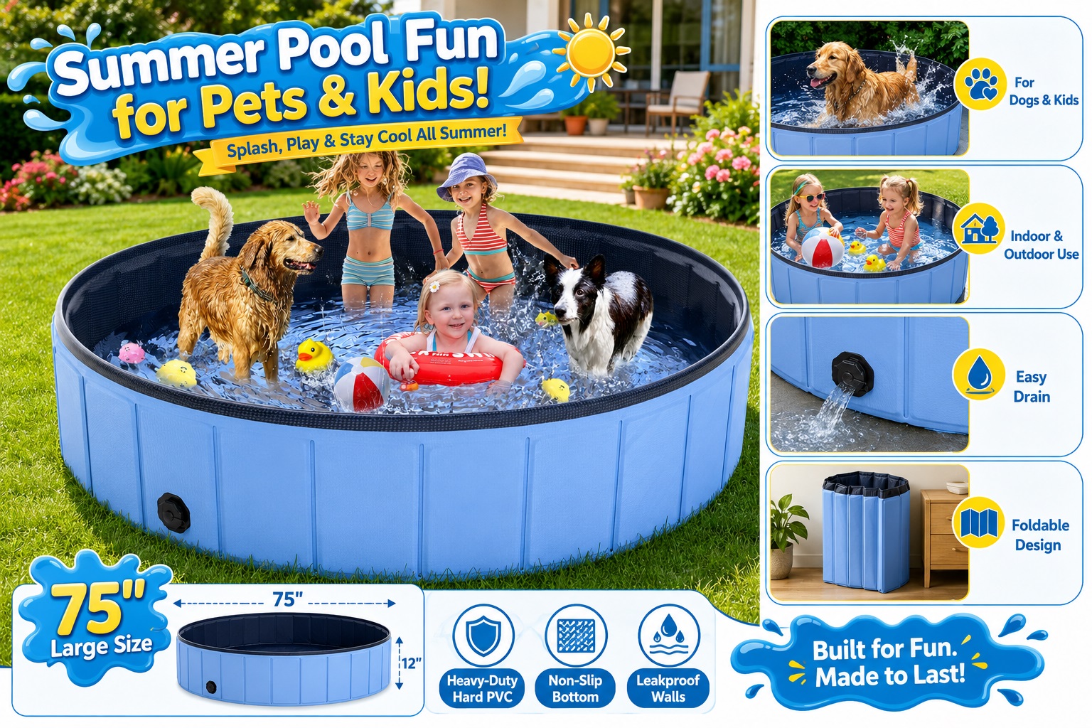A 75-inch large foldable dog and kids swimming pool filled with water on a backyard lawn. Three young children and two dogs are playing inside with beach balls and rubber ducks. Side panels showcase features like easy drain, non-slip bottom, and heavy-duty hard PVC.