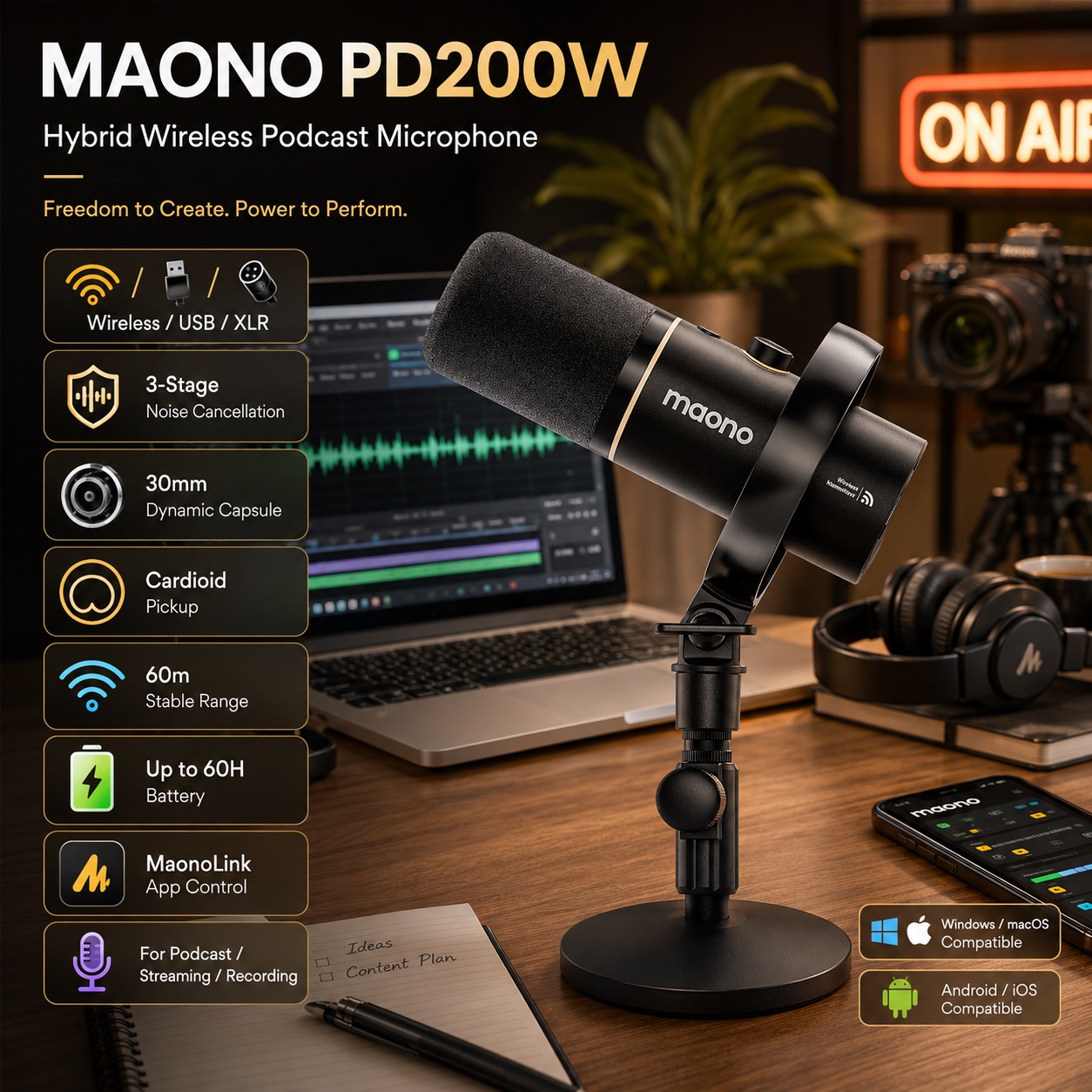 A landscape promotional image showcasing the MAONO PD200W Hybrid Wireless Podcast Microphone on a desktop stand next to a laptop. Icons on the left list key specifications including Wireless/USB/XLR connectivity, dynamic capsule, cardioid pickup, long-range signal, and app control.