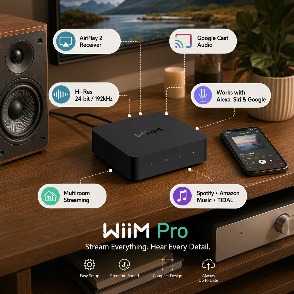 WiiM Pro network audiostreamer features: AirPlay 2 Receiver, Google Cast Audio, Hi-Res 24-bit/192kHz, Alexa/Siri/Google Assistant compatibility, multiroom streaming, and support for Spotify, Amazon Music, and TIDAL.