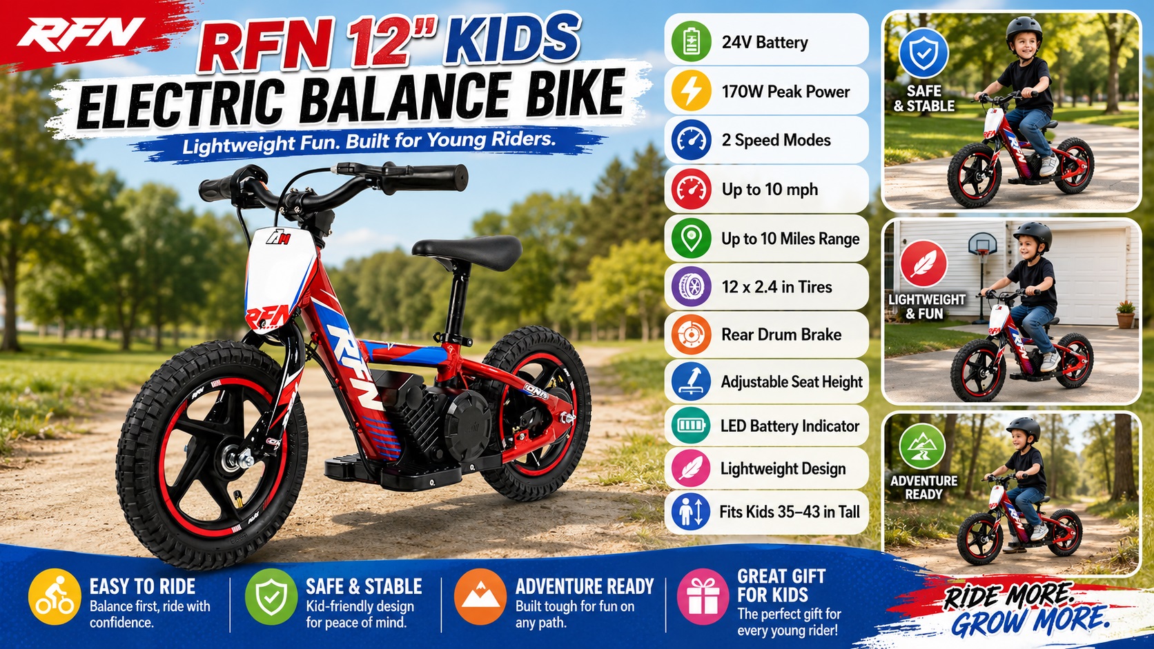 Promotional graphic for RFN 12-inch kids electric balance bike, featuring a red and blue training bike with product specs such as 170W peak power, 10 mph max speed, rear drum brake, and a child riding safely with a helmet.