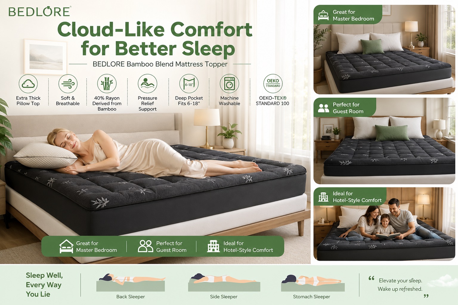 Product graphic for BEDLORE Bamboo Blend Mattress Topper in charcoal black with a bamboo leaf pattern, titled "Cloud-Like Comfort for Better Sleep." It displays a woman sleeping peacefully on her side and highlights features such as the 40% bamboo rayon fabric, pressure relief support, and deep pocket design.