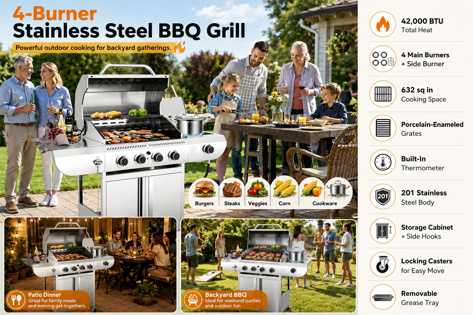 R.W.FLAME 4-Burner Stainless Steel BBQ Grill with Side Burner and integrated thermometer. Infographic highlights key specs: 42,000 BTU, 632 sq in cooking space, porcelain-enameled grates, storage cabinet, locking casters, and removable grease tray. Main photo shows a family BBQ gathering.