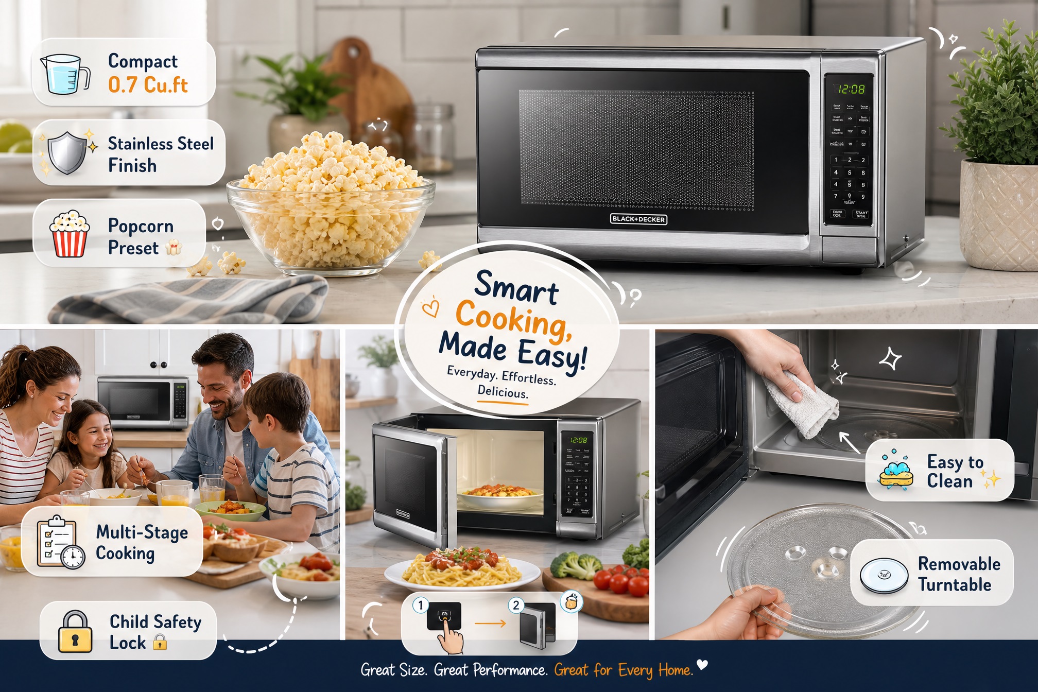 Promotional collage for the BLACK+DECKER EM720CB7 Digital Microwave Oven. The top section shows a stainless steel microwave on a countertop next to a large glass bowl filled with popcorn, highlighting its "Compact 0.7 Cu.ft" size, "Stainless Steel Finish," and "Popcorn Preset." The lower section features a family enjoying a meal, food warming inside the microwave with an open door (detailing the Child Safety Lock steps), and a hand removing the glass turntable for cleaning under the "Easy to Clean" and "Removable Turntable" labels.