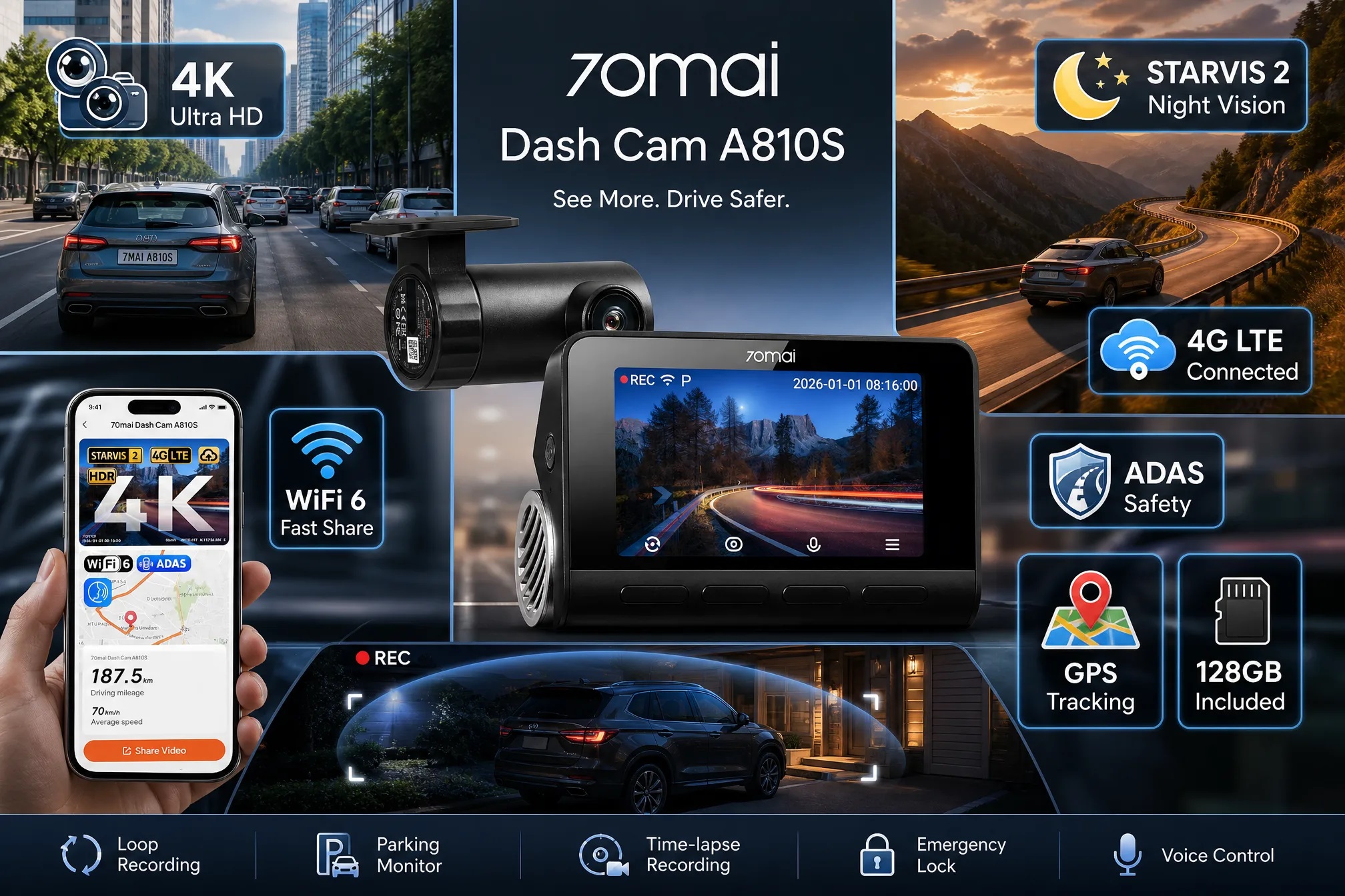 Product showcase of the 70mai Dash Cam A810S featuring a 4K Ultra HD screen display, 4G LTE connectivity, STARVIS 2 Night Vision, and ADAS safety alerts over a twilight driving background.