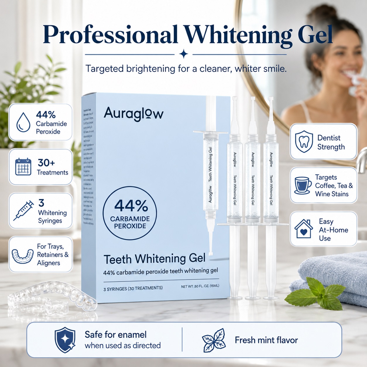 Auraglow 44% Carbamide Peroxide Teeth Whitening Gel product box displayed with four whitening gel syringes and a clear dental tray on a bathroom marble countertop.