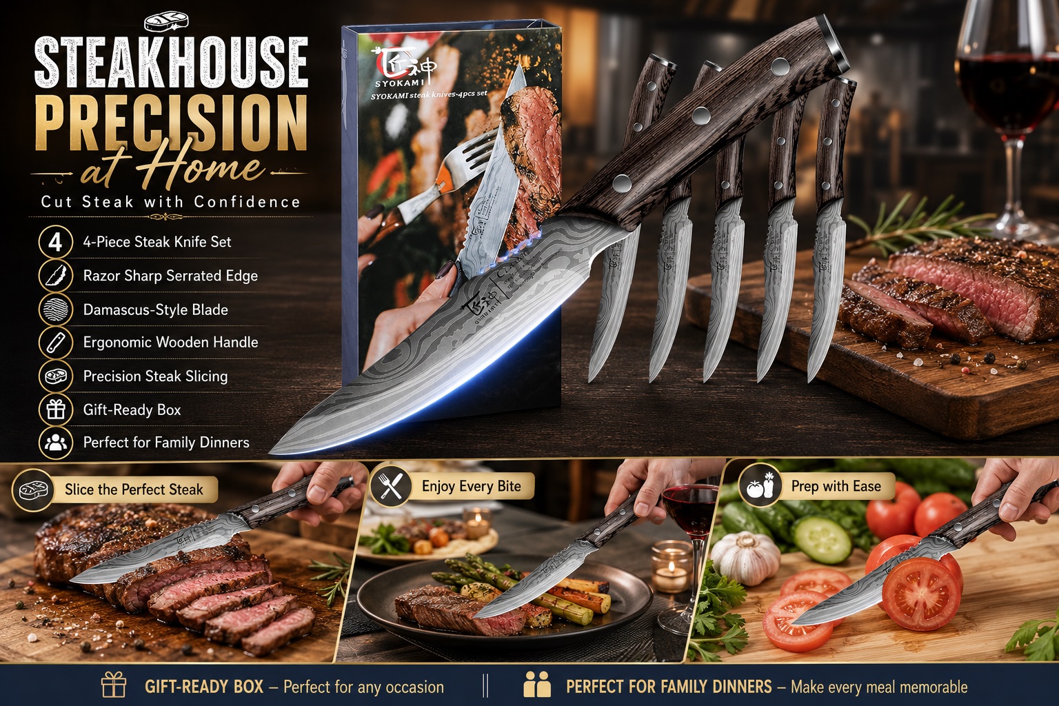 SYOKAMI 4-piece steak knife set featuring Damascus-style blades and dark wood handles, showcasing precision steak slicing at home with a premium gift box.