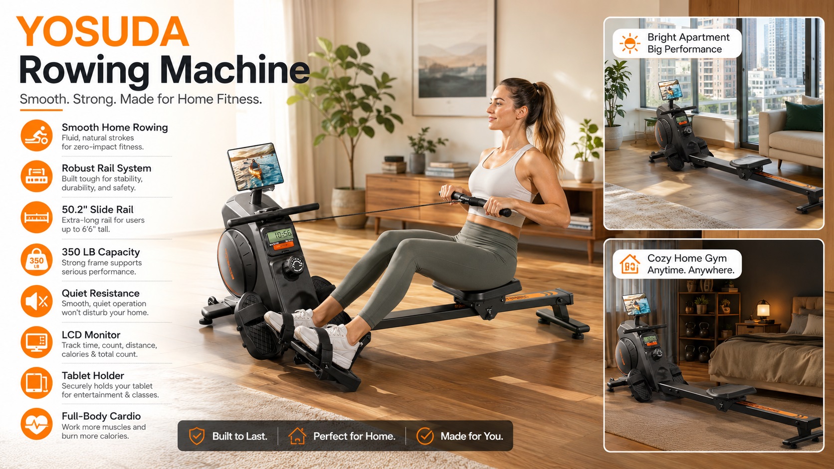 YOSUDA Rowing Machine promotional graphic showing a woman exercising on a magnetic rower in a modern home, with detailed features highlighting a 50.2-inch slide rail, 350 lb weight capacity, and smart tablet holder for interactive courses.