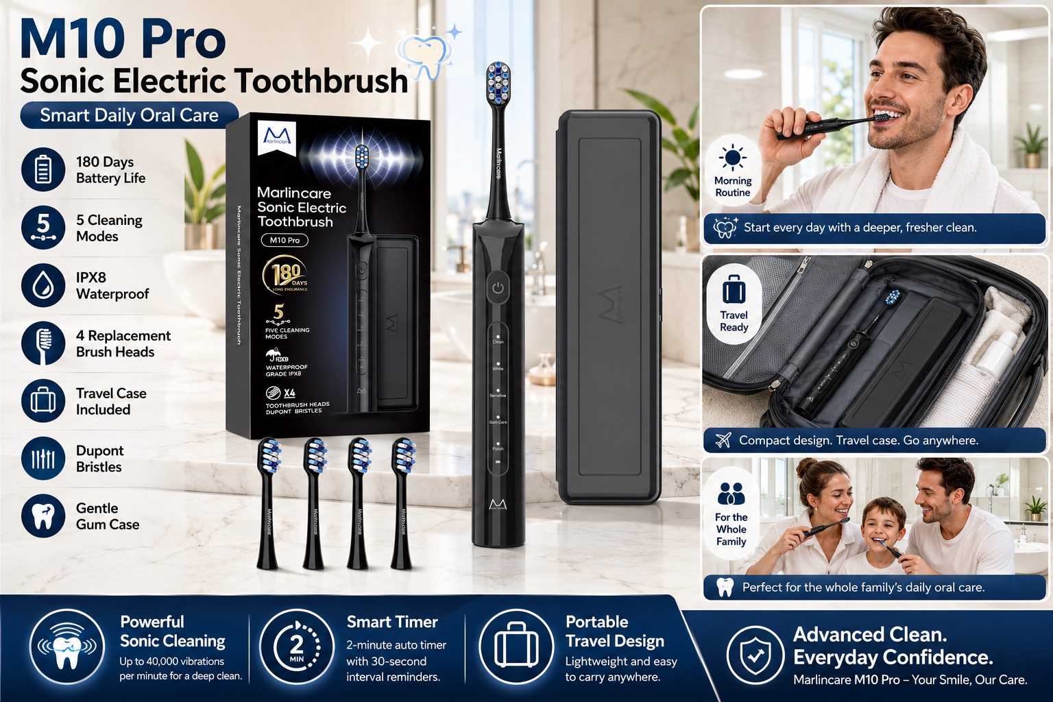 A detailed infographic of the M10 Pro Sonic Electric Toothbrush. The left side highlights key features including 180-day battery life, 5 cleaning modes, IPX8 waterproof rating, 4 replacement DuPont brush heads, and a Gentle Gum Care mode. The right side displays lifestyle scenes of morning routines, travel preparation, and family oral care. Bottom sections expand on powerful 40,000 VPM sonic cleaning, a 2-minute smart timer, portable travel design, and the Marlincare brand tagline: "Your Smile, Our Care."