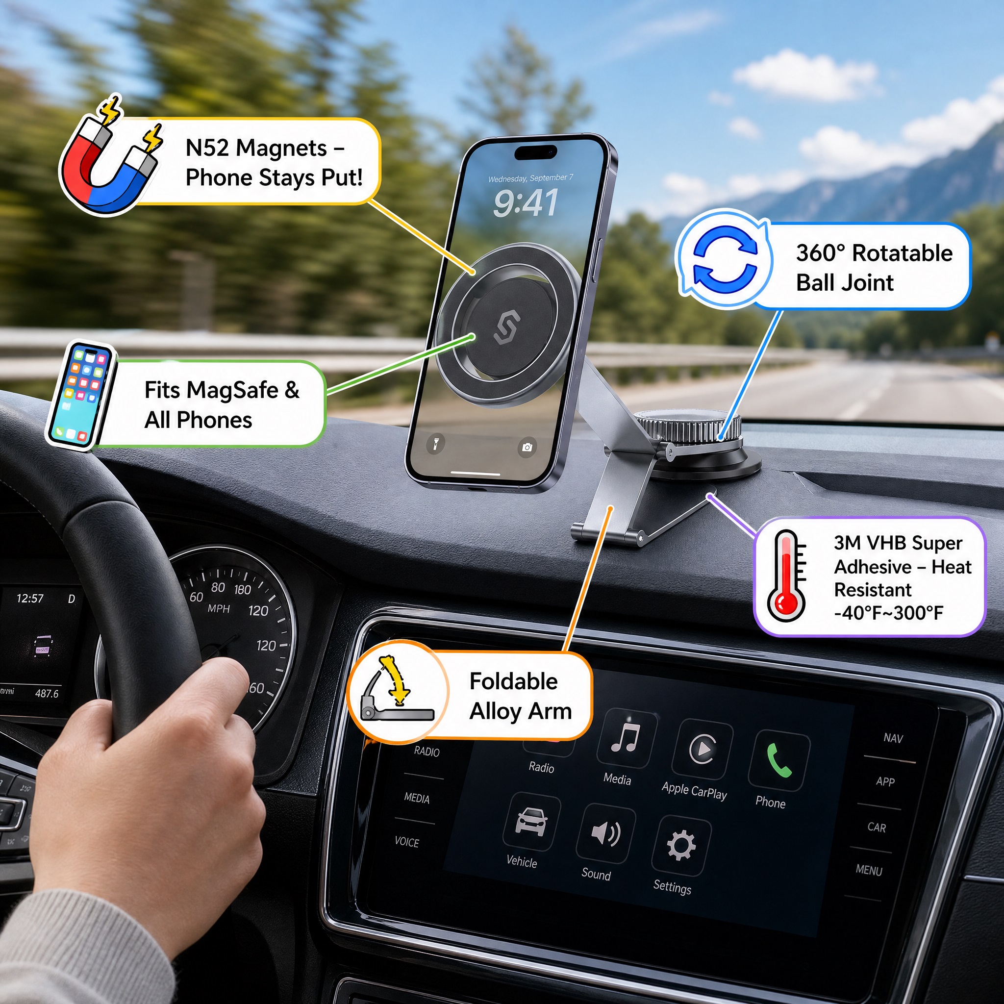 A driver's hand on a steering wheel with a Syncwire MagSafe Car Mount installed on the dashboard. The silver foldable aluminum alloy arm holds an iPhone, showcasing N52 magnets, 360-degree rotatable ball joint, compatibility with all phones, and heat-resistant 3M VHB super adhesive.