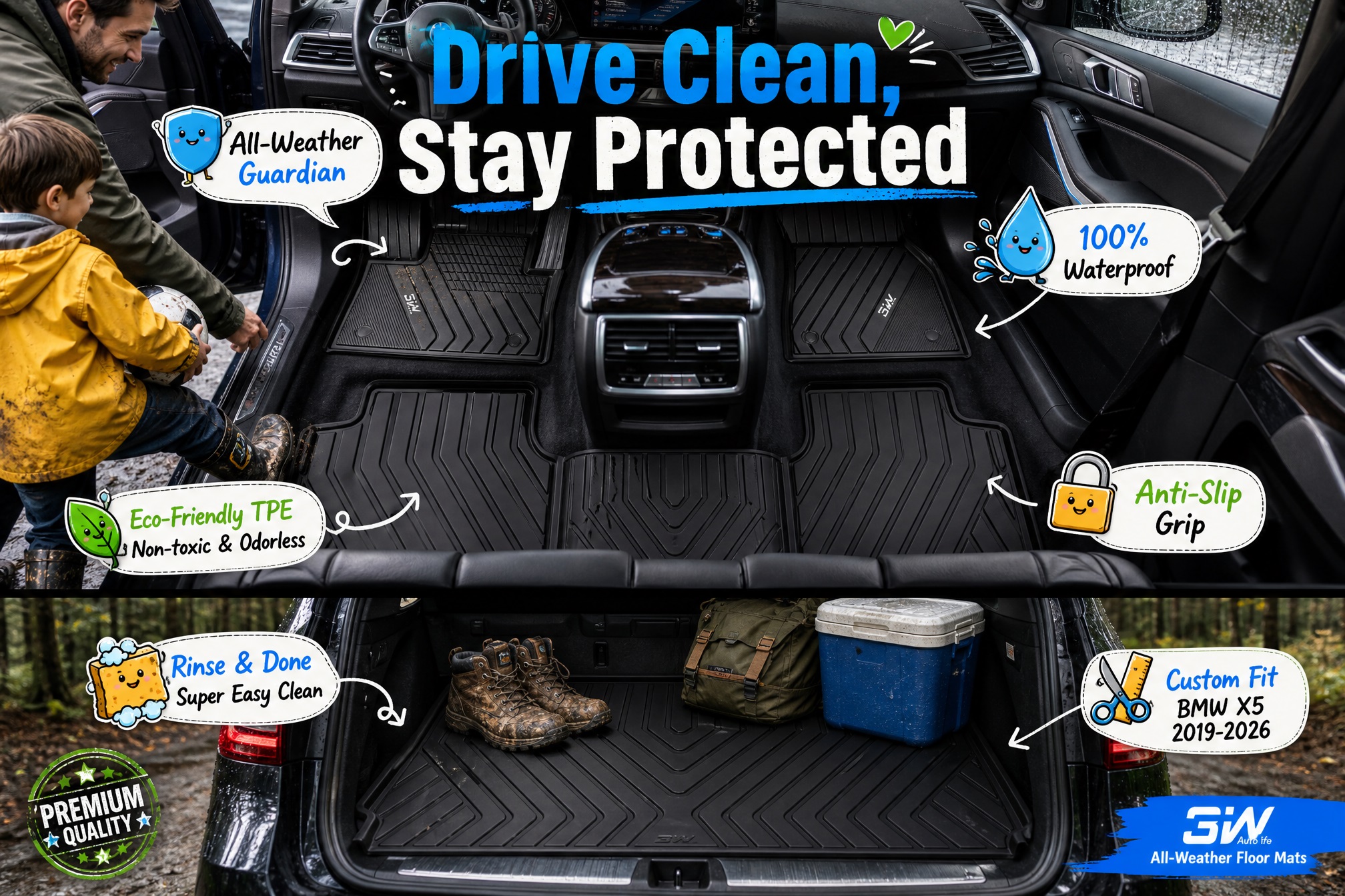 This is a split-panel promotional image. The top section provides a panoramic view of 3W all-weather car floor mats installed in a BMW X5 (2019-2026), with cute cartoon icons and the slogan "Drive Clean, Stay Protected."
