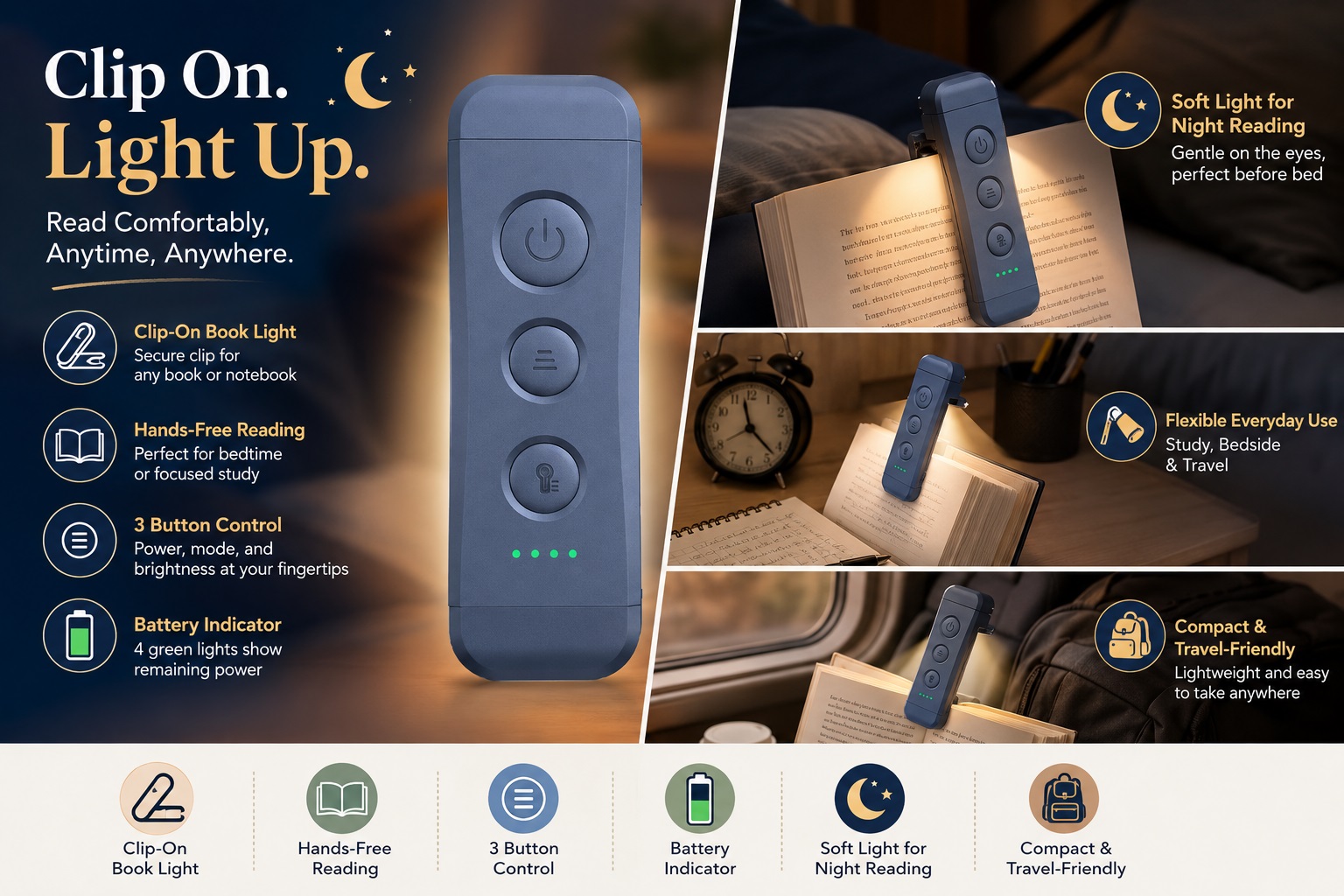 Glocusent blue Clip-On Book Light featuring 3-button controls, battery level indicator, and compact design for bedtime or travel reading.