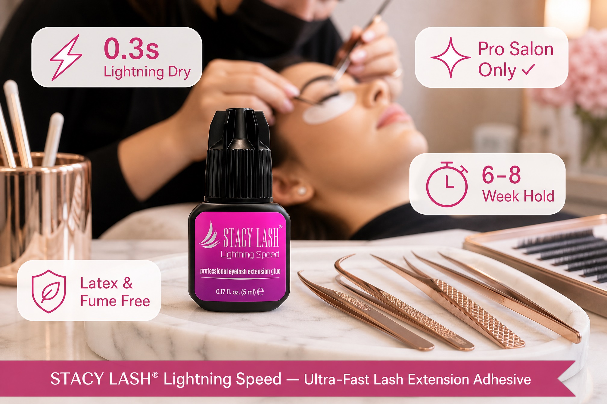Stacy Lash Lightning Speed professional eyelash extension adhesive bottle with rose gold precision tweezers, highlighting 0.3s lightning dry time, 6-8 weeks hold, and latex-free formula in a salon setup.