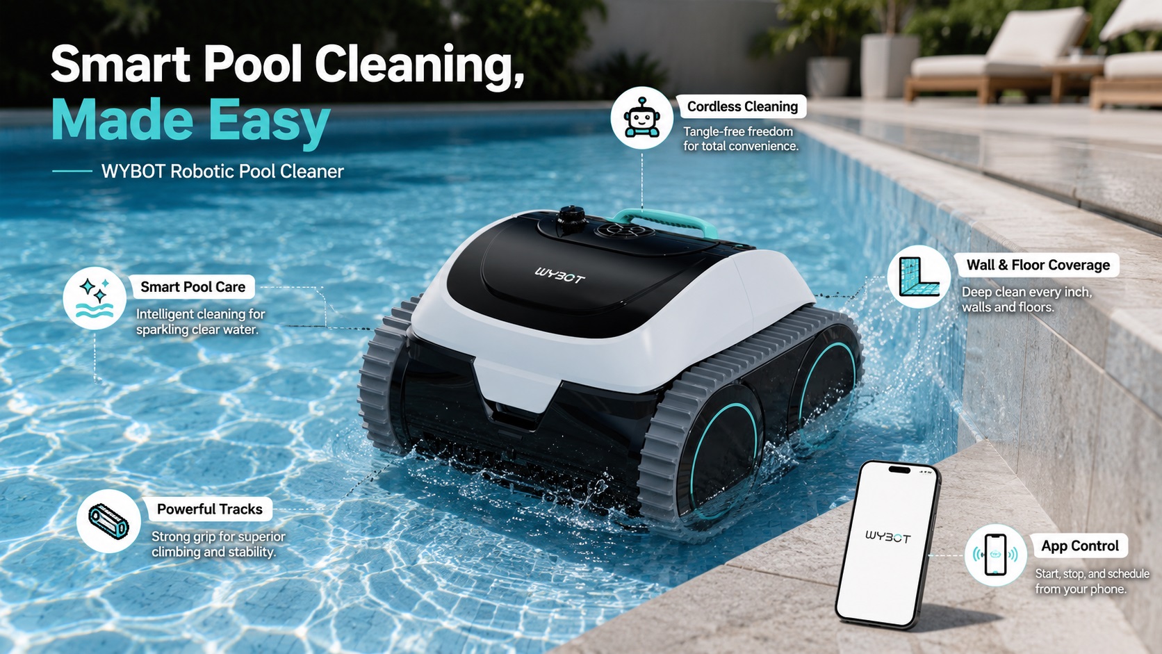 WYBOT Robotic Pool Cleaner operating in water near pool stairs, showing features including smart pool care, powerful tracks for climbing, wall and floor coverage, and smartphone app control.