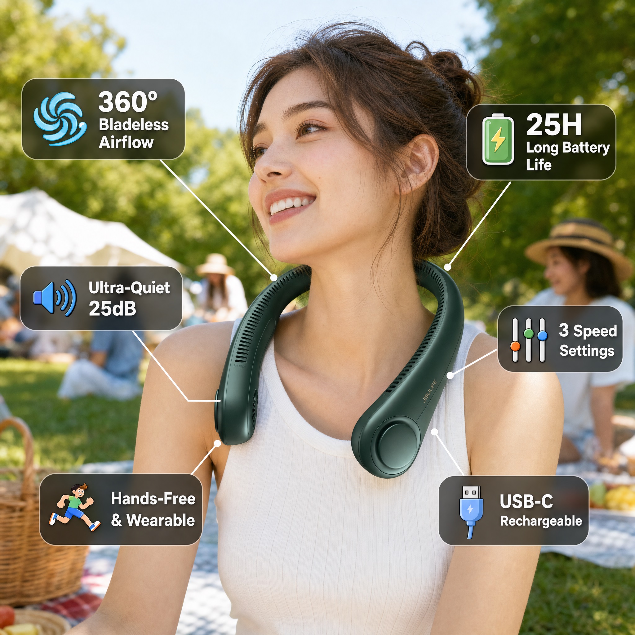 A refreshing summer outdoor image of a young woman smiling as she picnicks in a sunny park, wearing a dark green JISULIFE neck fan around her neck.