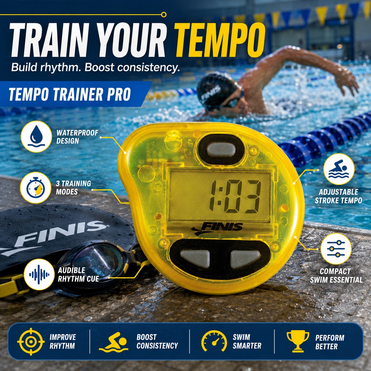 FINIS Tempo Trainer Pro yellow waterproof swim metronome resting by the pool deck with swim cap and goggles, highlighting 3 training modes and audible rhythm cue features.