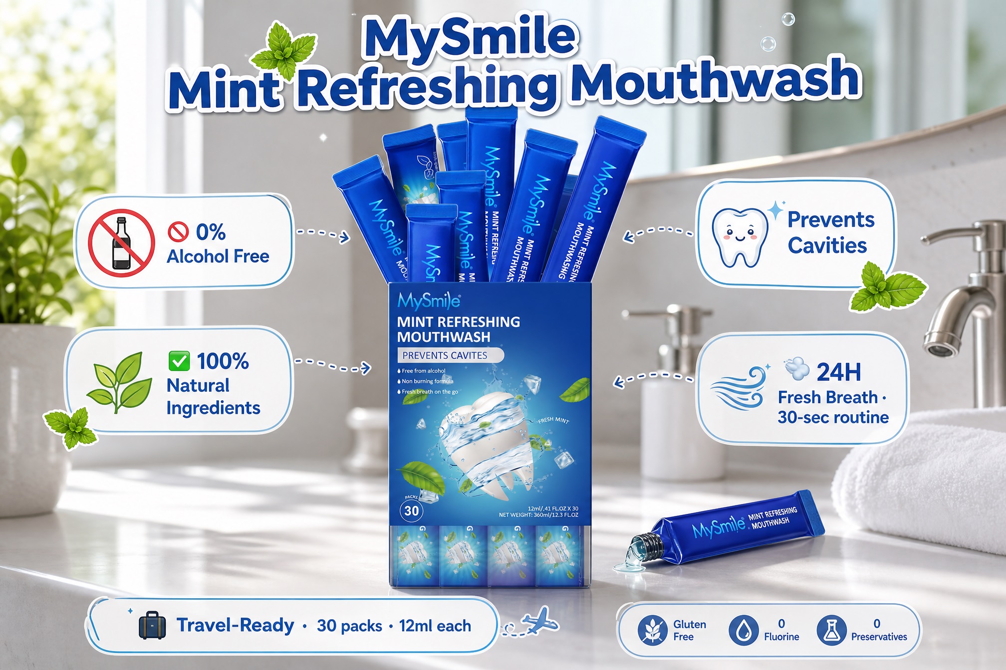 Product display image for MySmile Mint Refreshing Mouthwash, featuring a box filled with individual travel-ready blue packets. Key benefits are shown in bubbles: 0% Alcohol Free, 100% Natural Ingredients, Prevents Cavities, and 24H Fresh Breath with a 30-sec routine. The setting is a bright, sunny bathroom countertop with mint leaves and towels. The mouthwash is gluten-free, fluorine-free, and preservative-free.