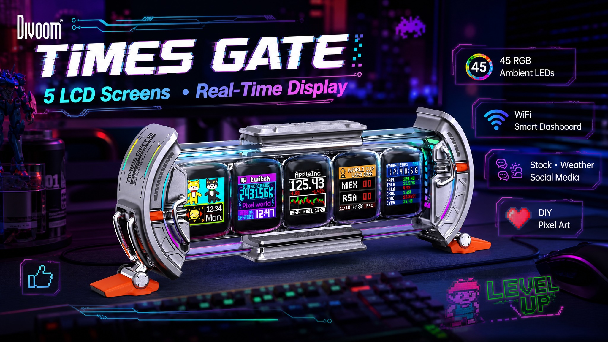 Divoom Times Gate cyberpunk multi-screen clock with 5 LCD screens displaying real-time stock, social media, and pixel art data, featuring 45 RGB ambient LEDs.