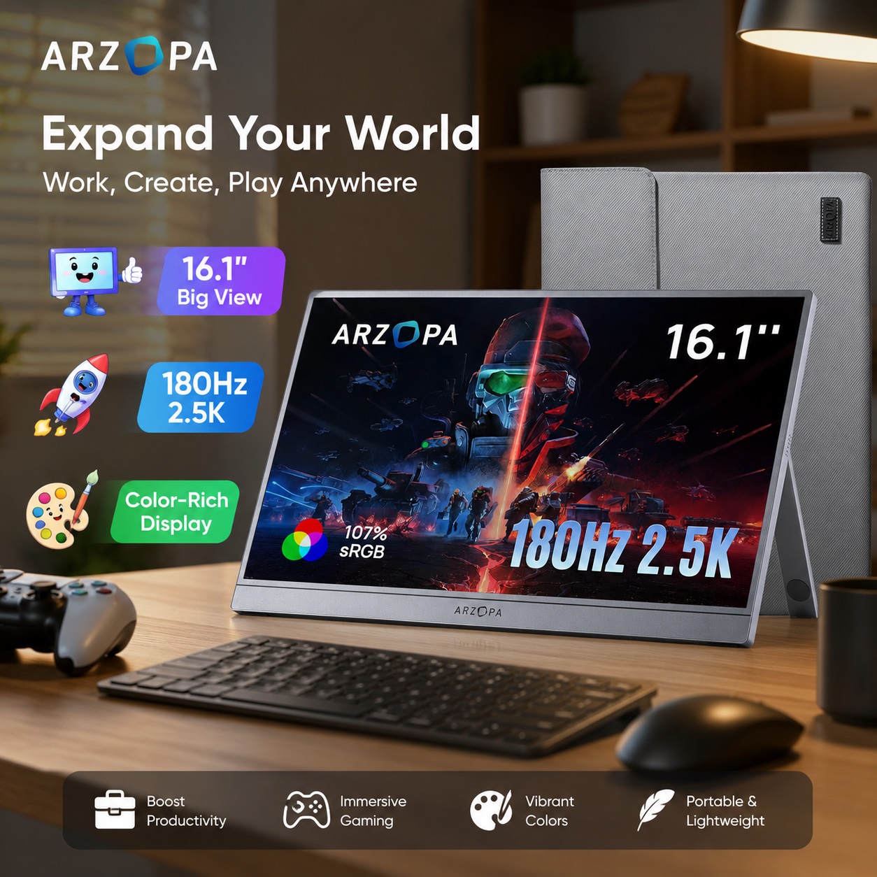 ARZOPA Z3FC 16.1" 180Hz 2.5K portable monitor on a wooden desk next to a keyboard, displaying a cyberpunk-style game. Three prominent colorful bubbles point to features: '16.1" Big View', '180Hz 2.5K' for high-speed gaming, and 'Color-Rich Display' with 107% sRGB. A grey protective case is behind the monitor. Icons at the bottom list 'Boost Productivity', 'Immersive Gaming', 'Vibrant Colors', and 'Portable & Lightweight'.
