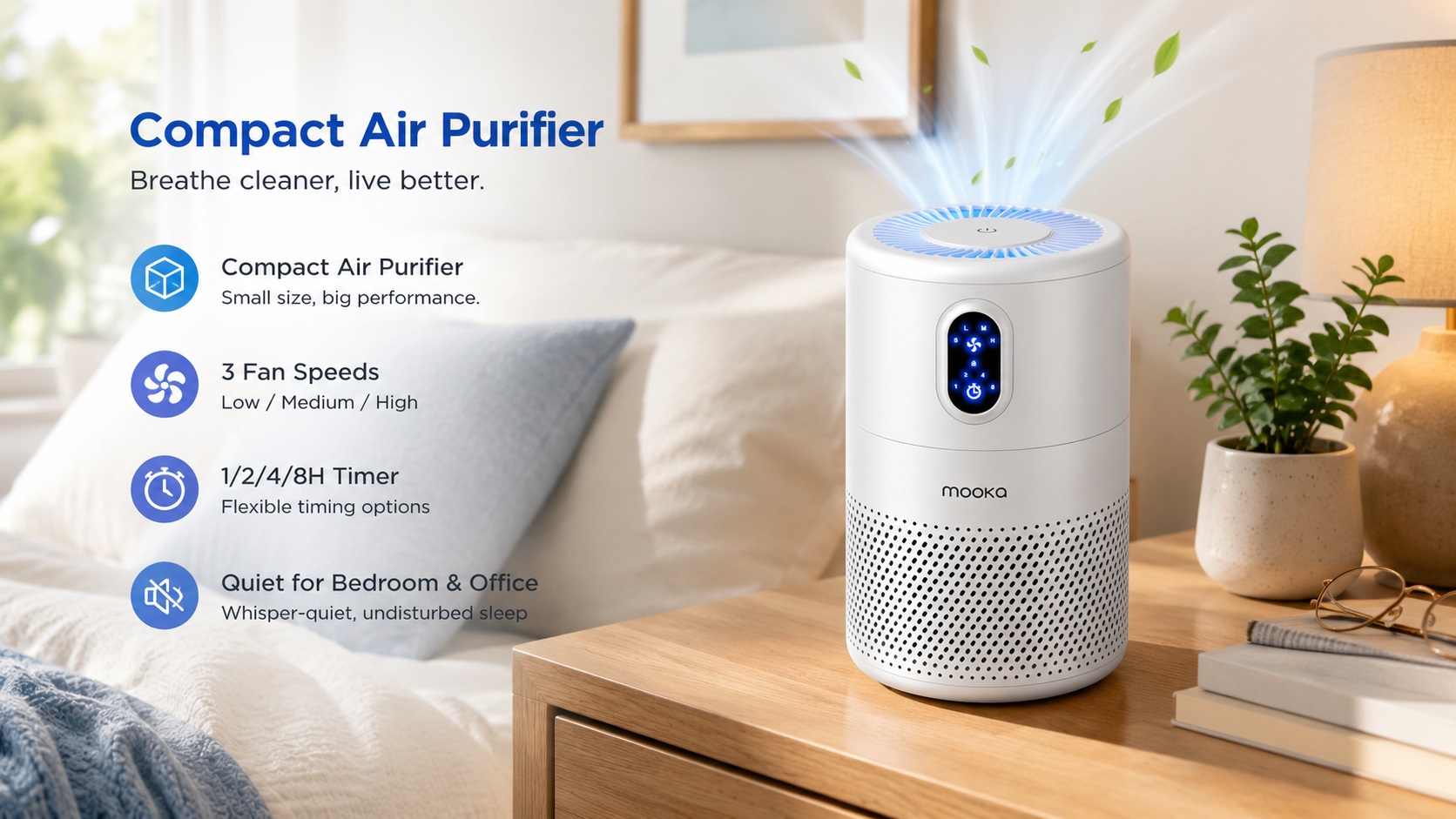 This image showcases a compact MOOKA air purifier designed to breathe cleaner, live better.