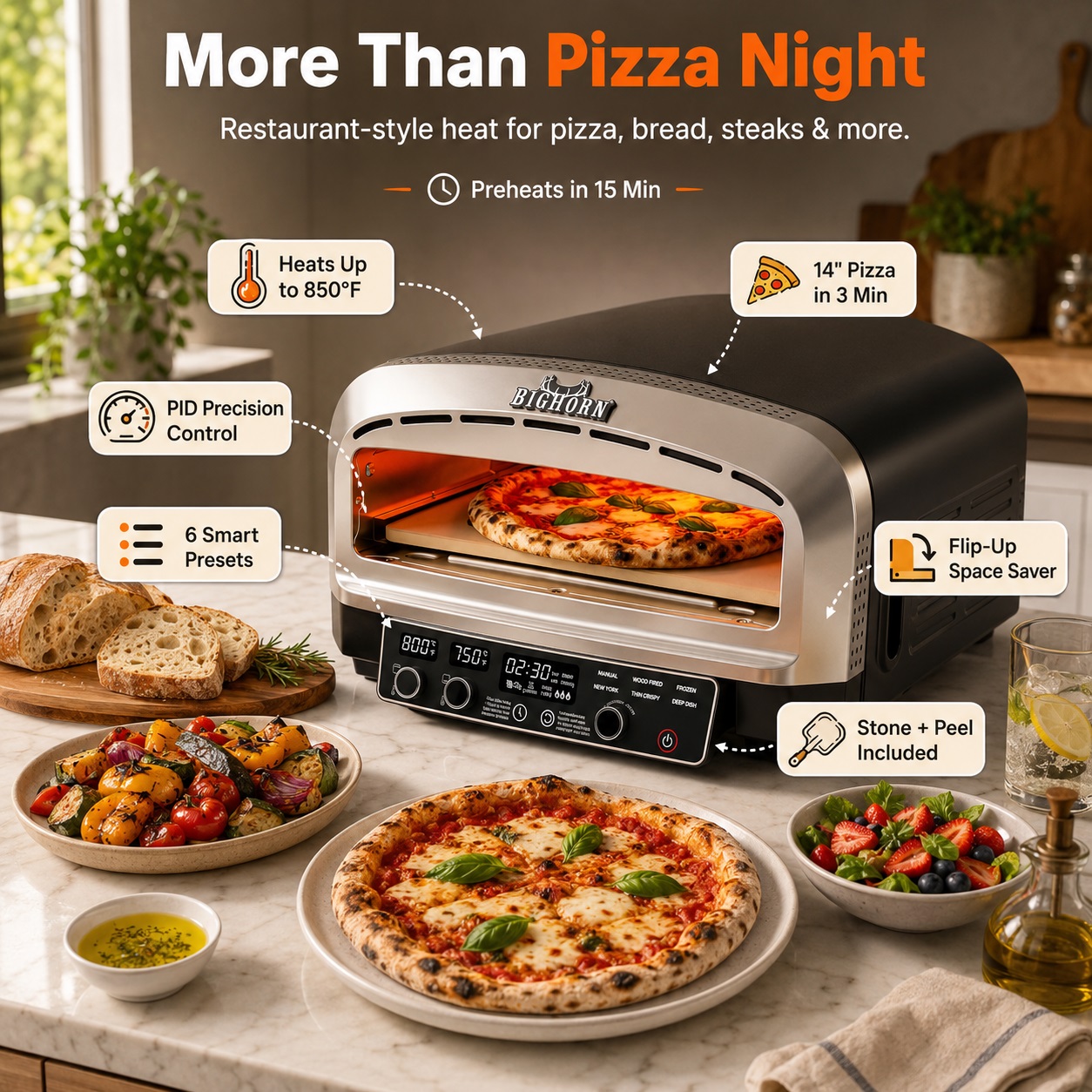 Big Horn Outdoors indoor countertop smart electric pizza oven baking a 14-inch pizza on a kitchen counter, showing a digital PID display panel, 6 smart presets, and flip-up space-saving design.