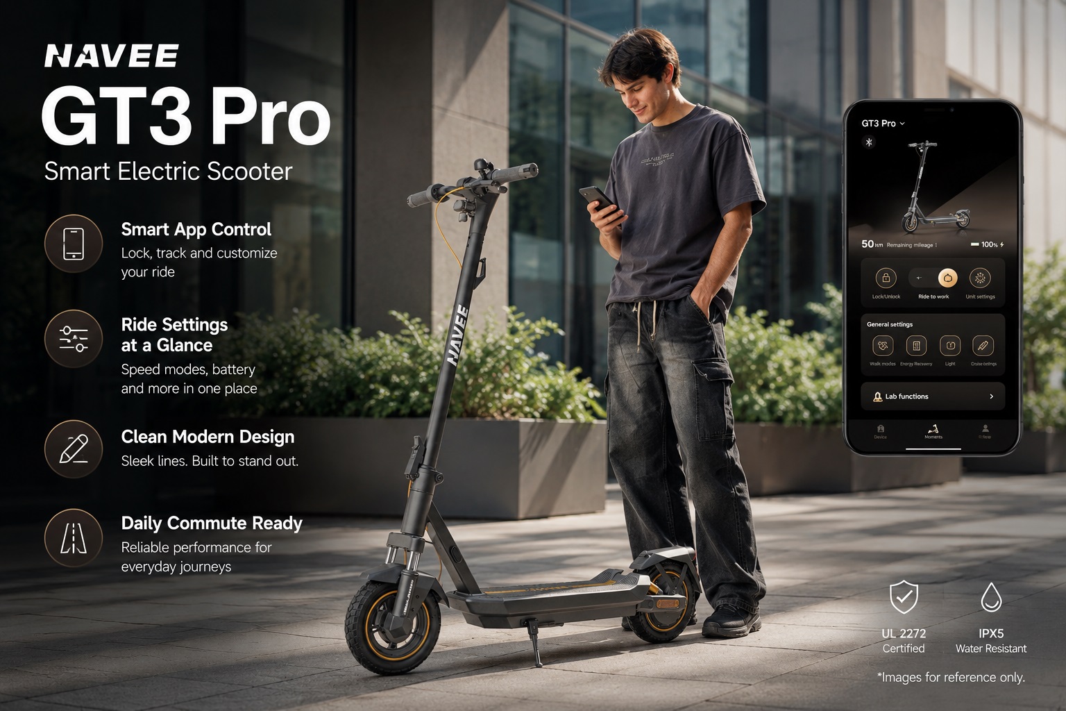 NAVEE GT3 Pro Smart Electric Scooter product page featuring smartphone app control interface, ride settings, sleek design, UL 2772 certification, and IPX5 water resistance.