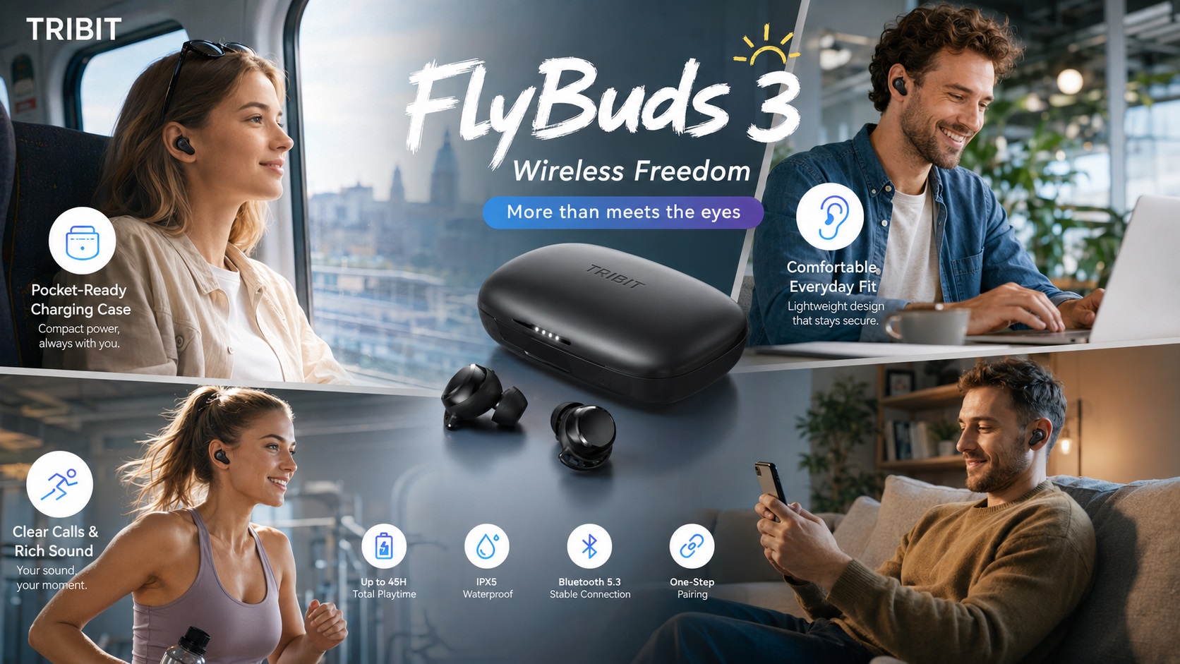 A feature promotional collage for the TRIBIT FlyBuds 3 wireless Bluetooth earbuds. The center features the black charging case and two earbuds. The image is split into four scenes: top-left shows a woman on a train wearing an earbud listening to music, top-right shows a man in an office wearing an earbud using a laptop, bottom-left shows a woman running in a gym, and bottom-right shows a man on a sofa looking at his phone. The title reads "FlyBuds 3 Wireless Freedom," with feature icons at the bottom showing: 45H total playtime, IPX5 waterproof, Bluetooth 5.3, and one-step pairing.