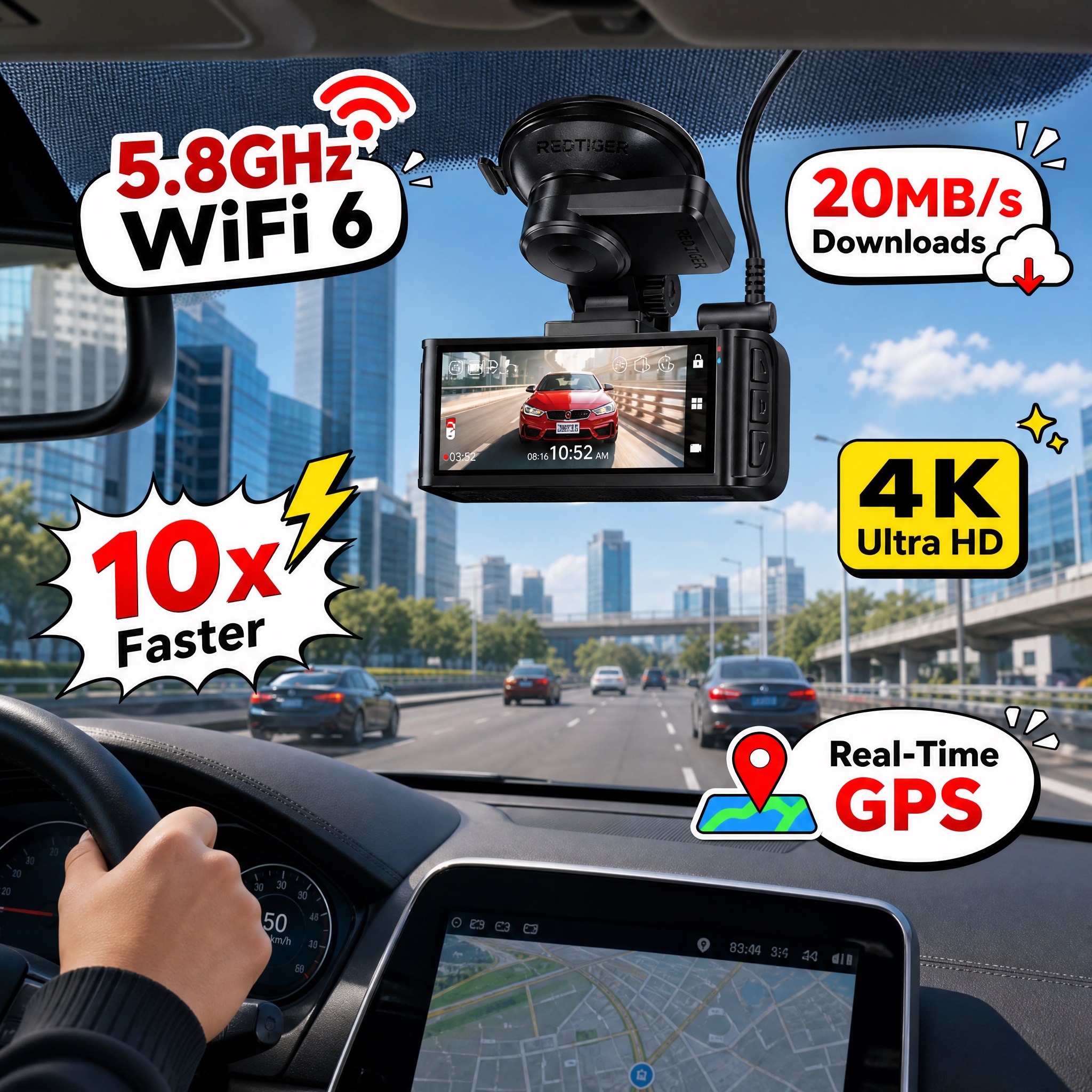 REDTIGER 4K Ultra HD Dash Cam mounted on a car windshield showing real-time road recording, featuring 5.8GHz WiFi 6, 20MB/s fast downloads, 10x faster speed, and Real-Time GPS.