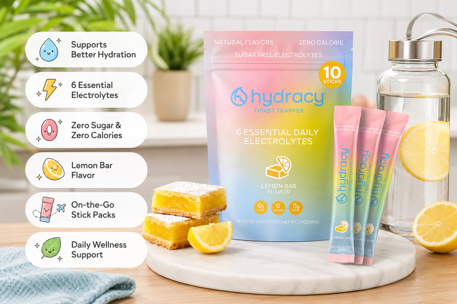 A promotional image for Hydracy "Thirst Trapper" Electrolytes in Lemon Bar flavor. A rainbow-colored bag of 10 electrolyte sticks is in the center, with two lemon bar dessert squares in front. On the right are a water bottle with lemon slices and three individual electrolyte sticks. Icons and text on the left list six product benefits: Supports Better Hydration, 6 Essential Electrolytes, Zero Sugar & Zero Calories, Lemon Bar Flavor, On-the-Go Stick Packs, and Daily Wellness Support.