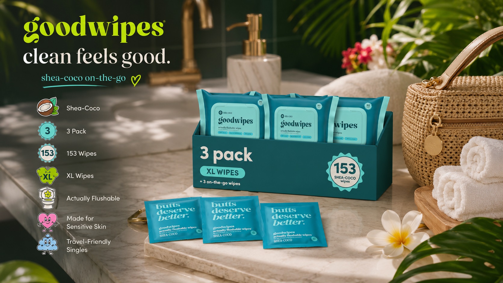Goodwipes Shea-Coco flushable wipes set on a bathroom counter, including a 3-pack box of XL wipes and 3 travel singles (153 wipes total). Accompanied by a woven handbag, folded towels, and tropical flowers.