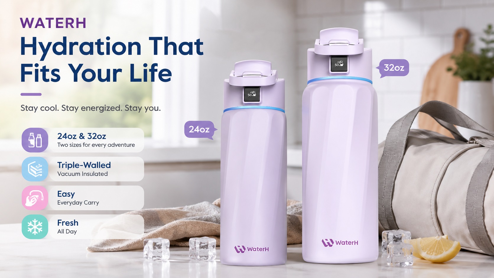 Two purple WaterH smart water bottles in 24oz and 32oz sizes displayed on a marble countertop next to ice cubes and a gym bag, highlighting triple-walled vacuum insulation and everyday portability.