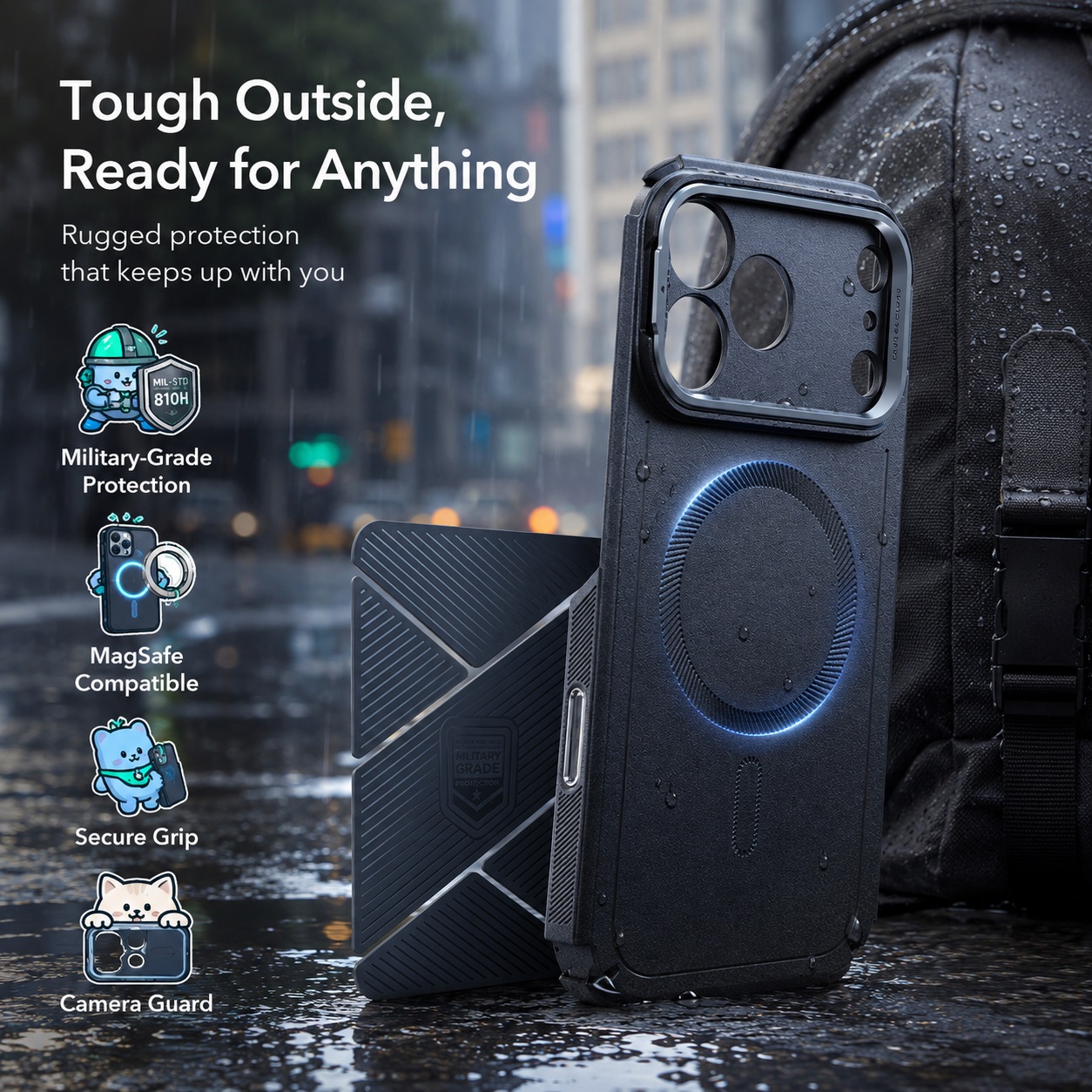An advertisement image titled "Tough Outside, Ready for Anything" shows a rugged, textured black iPhone case on a wet, rainy city pavement next to a black backpack. The case has a protruding camera lens protector and is magnetically attached to a black folding wallet with a triangular pattern.