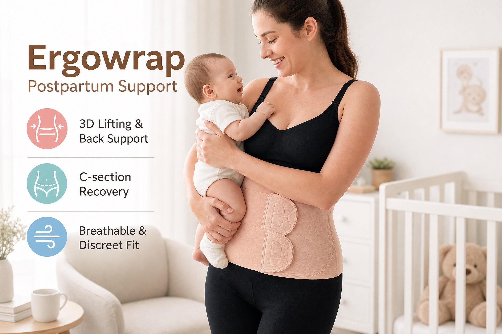 Mother holding her baby while wearing an Ergowrap postpartum support belt, with feature icons for 3D Lifting & Back Support, C-section Recovery, and Breathable & Discreet Fit.