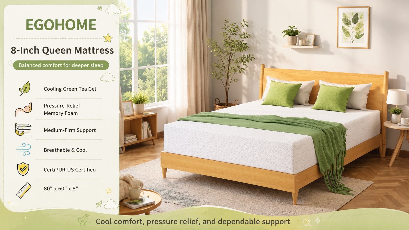 Product feature infographic for EGOHOME 8-Inch Queen mattress, showcasing a bright and airy bedroom with green accents, listing cooling green tea gel, pressure relief, breathable comfort, and CertiPUR-US certification features.