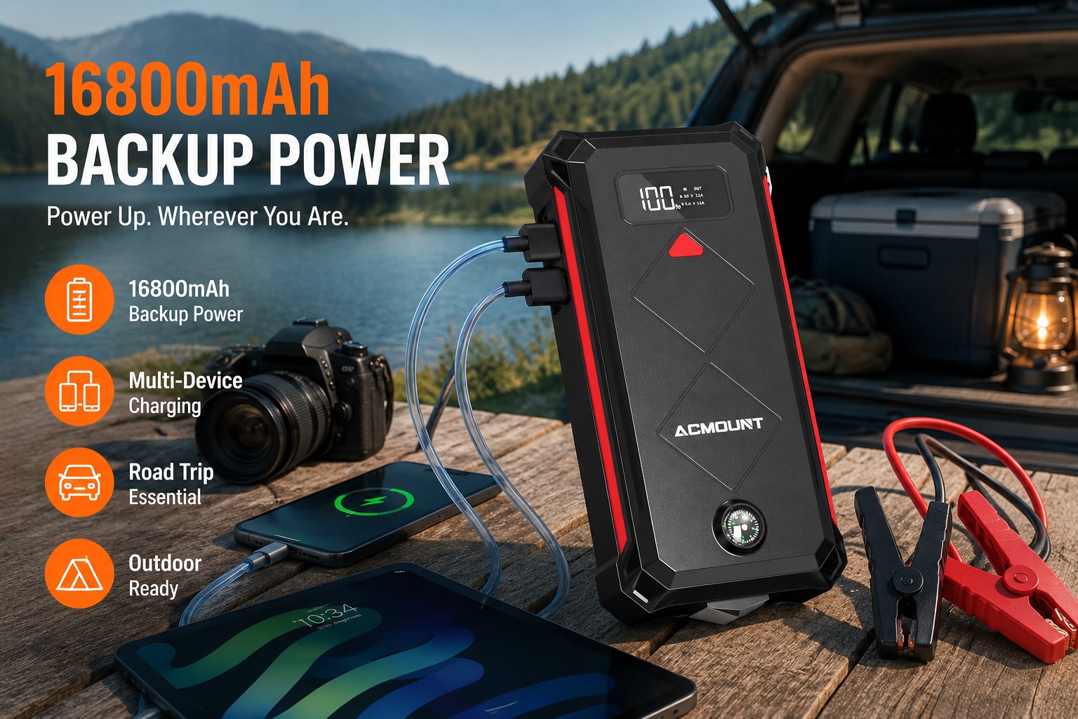 ACMOUNT 16800mAh backup power bank with digital display, smart battery clamps, and multi-device charging for smartphone and tablet during an outdoor camping road trip.