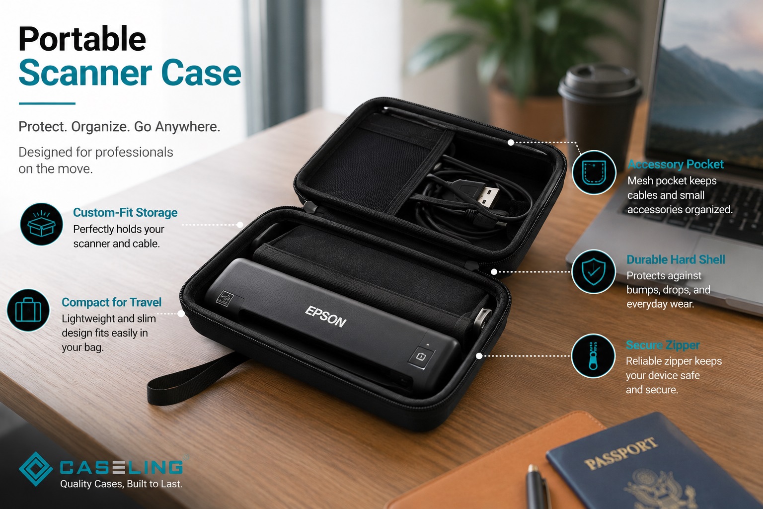 CASELING portable hard scanner case custom-fit for Epson portable scanner with a mesh accessory pocket storing cables, set on a wooden office desk.