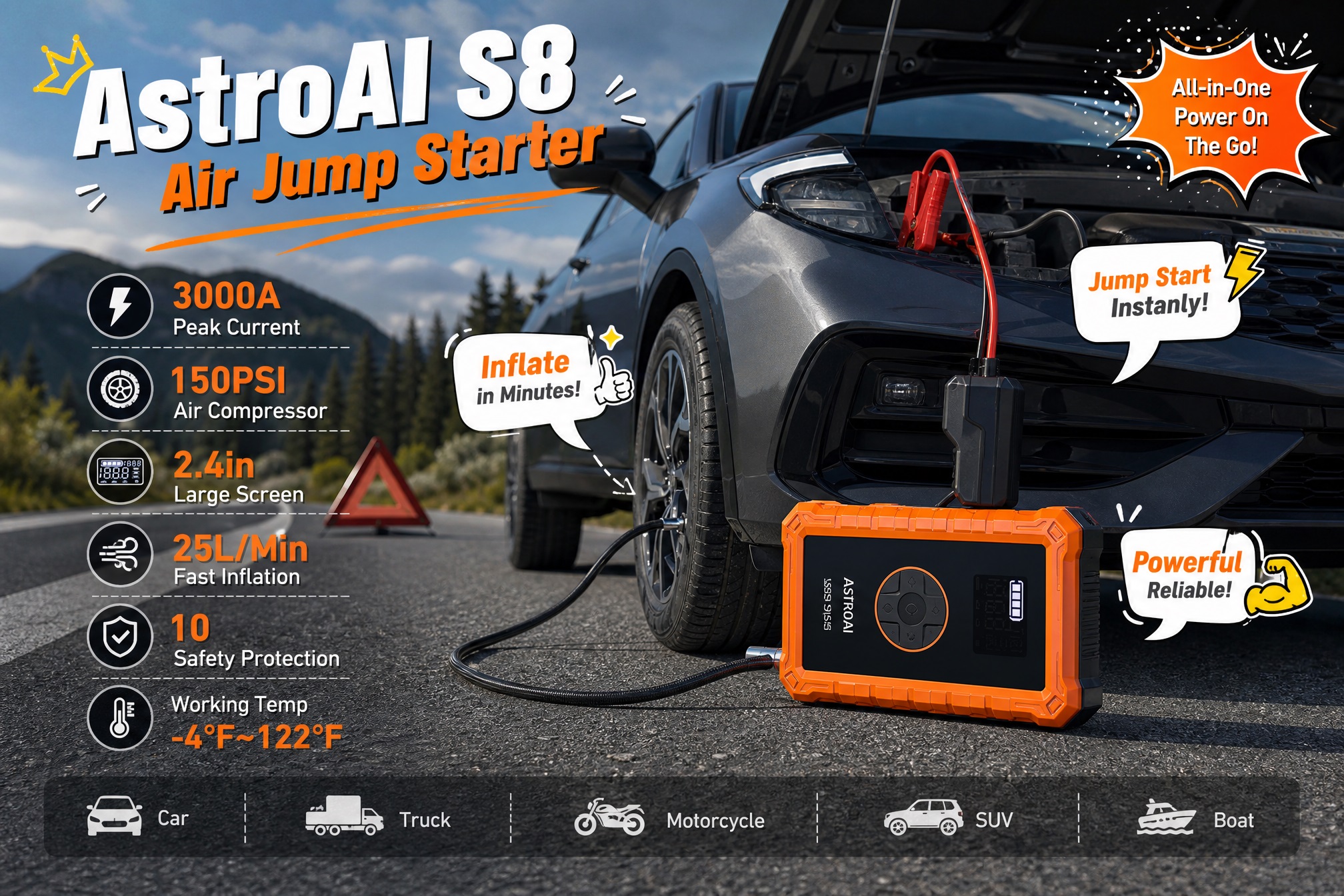 AstroAI S8 Air Jump Starter with integrated air compressor product infographic. An orange and black unit sits next to a grey SUV, with clamps connected to the battery and the air hose connected to a tire. Road trip background. Left side features list: 'AstroAI S8 Air Jump Starter', '3000A Peak Current', '150PSI Air Compressor', '2.4in Large Screen', '25L/Min Fast Inflation', '10 Safety Protection', 'Working Temp -4°F~122°F'. Speech bubbles highlight 'Inflate in Minutes!', 'All-in-One Power On The Go!', 'Jump Start Instantly!', 'Powerful Reliable!'.