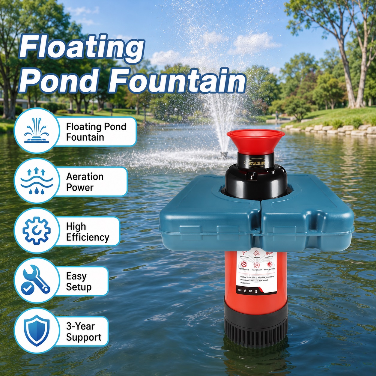 Goldlife floating pond fountain aerator with a red nozzle and blue float platform floating on a clear pond, featuring an active water fountain spray and key product feature icons on the left.