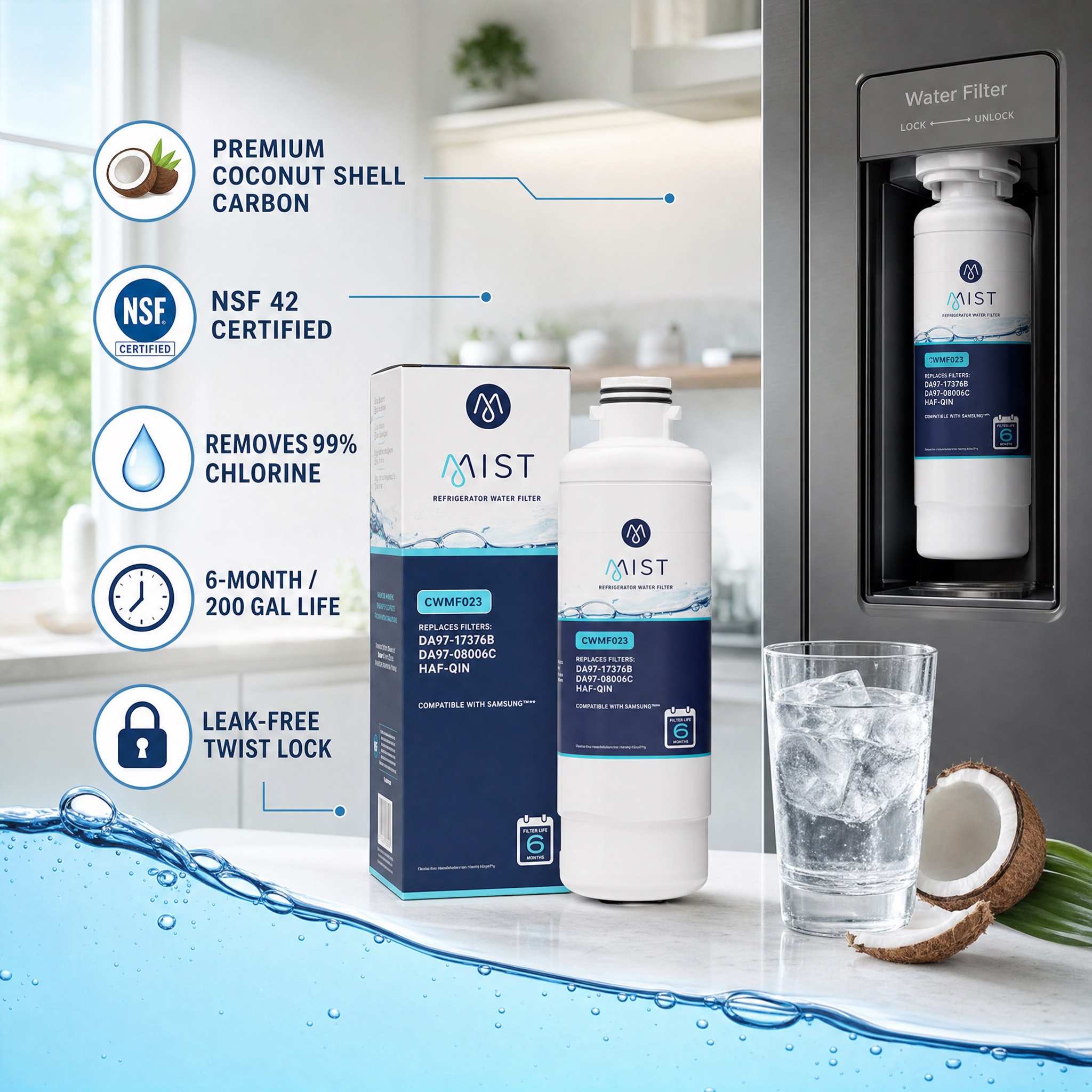 Infographic advertising the Mist CWMF023 refrigerator water filter compatible with Samsung. Shows one filter installed in a stainless steel fridge water dispenser and another by its box on a counter. Icons and text on the left highlight features: "premium coconut shell carbon," "NSF 42 certified," "removes 99% chlorine," "6-month / 200 gal life," and "leak-free twist lock," alongside a glass of water and a whole coconut. Water splash graphics surround the base.