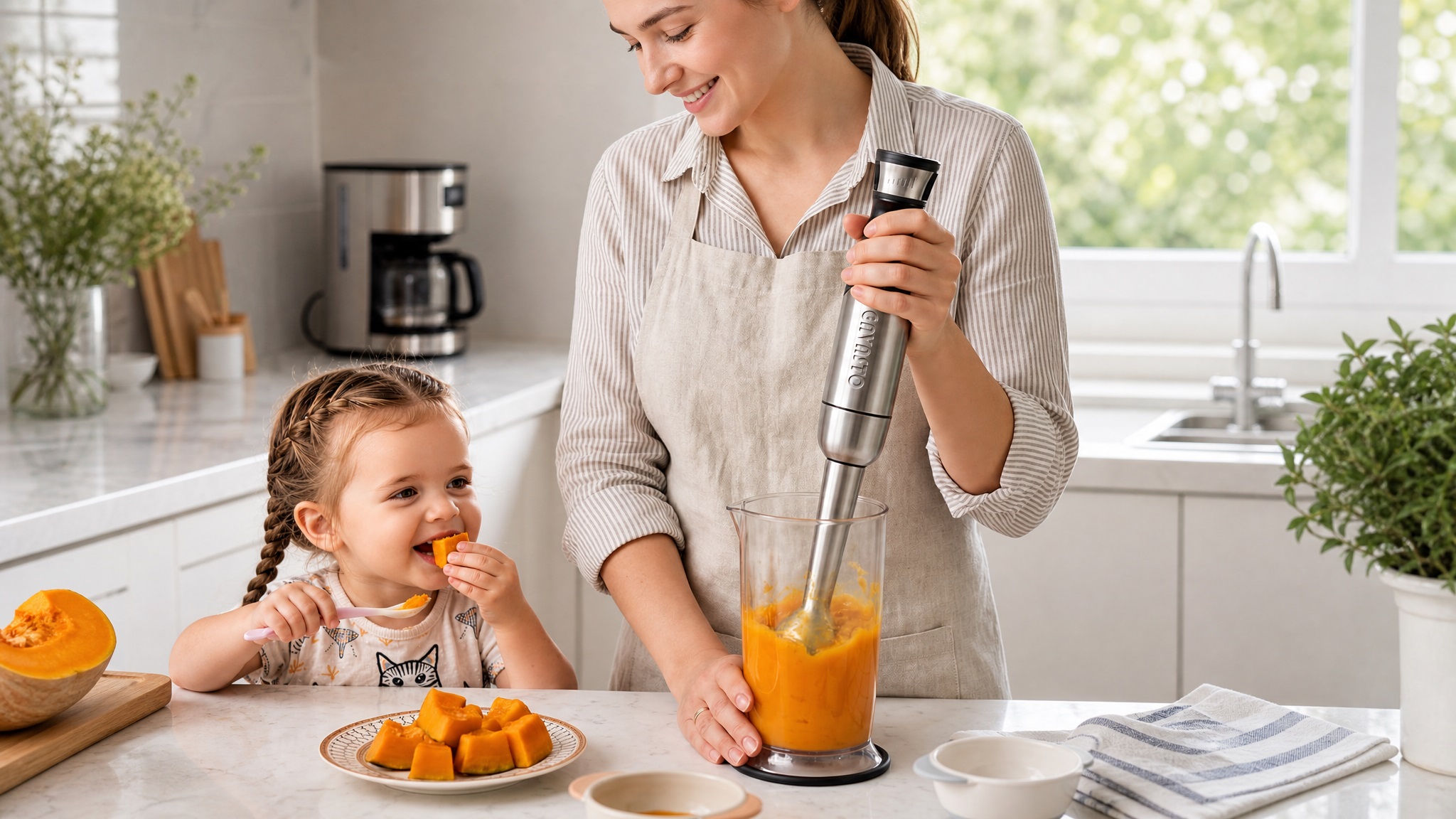 A mother using a stainless steel GAVASTO immersion blender to make a smooth pumpkin puree in a bright kitchen while her toddler daughter happily eats a piece of pumpkin.