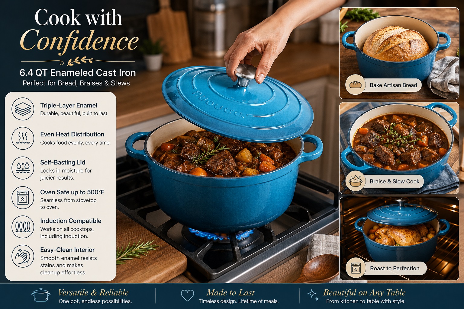 An infographic showcasing a turquoise 6.4 QT enameled cast iron Dutch oven filled with stew on a stovetop. The image details features like triple-layer enamel, even heat distribution, self-basting lid, and oven/induction compatibility. Insets show bread baking and slow cooking.