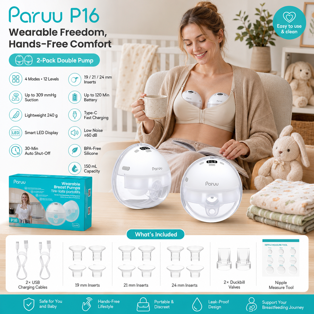 An infographic showing the Paruu P16 hands-free wearable breast pump (2-pack) being used by a smiling mother holding a coffee cup, with icons and details on its features like 4 modes & 12 levels, 309mmHg strong suction, long battery life, and inclusion of a type-C charging cable, different insert sizes (19/21/24mm), duckbill valves, and a nipple measure tool.