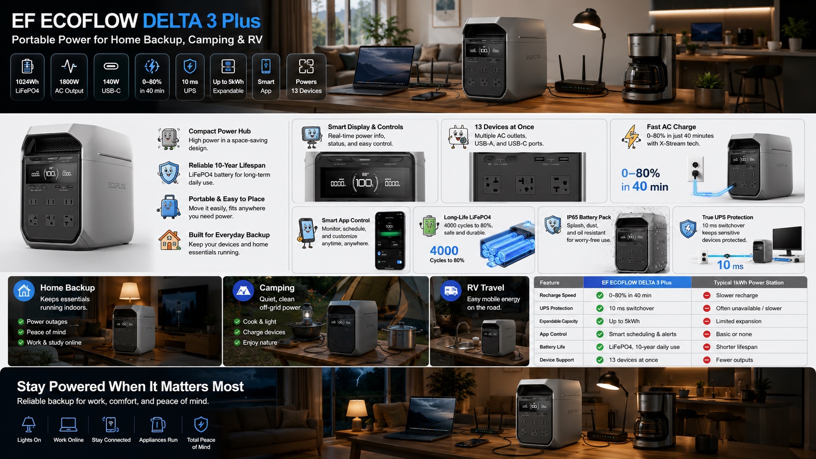 Promotional infographic for the EcoFlow DELTA 3 Plus Portable Power Station. Key spec icons for 1024Wh LFP battery, 1800W output, 140W USB-C, 40 min charge, 10ms UPS, 5kWh expandable, and smart app are shown at the top. Below are feature close-up insets for the smart display and controls, multi-port inset for 13 devices, fast recharge outlet, UPS, LFP battery lifespan detail, IP65 battery pack, and IP65 protection detail. The bottom features a comparison chart (DELTA 3 Plus vs. Typical 1kWh Power Station) and application scenarios (Home Backup, Camping, RV Travel).