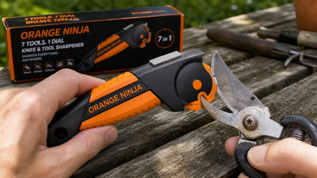 An outdoor close-up photograph of a person holding an 'Orange Ninja 7-in-1' multi-tool sharpener with an orange and black handle, actively sharpening a pair of rusty pruning shears. The background shows a wooden table and the product box marked '7 TOOLS. 1 DIAL. KNIFE & TOOL SHARPENER'.