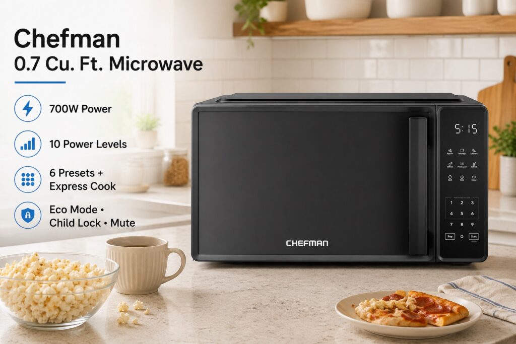 A sleek black Chefman 0.7 Cu. Ft. Microwave on a counter next to a bowl of popcorn and a slice of pizza. The digital interface displays the time 5:15, with text emphasizing its 700W power, 10 power levels, 6 presets with express cook, and eco mode with child lock and mute.