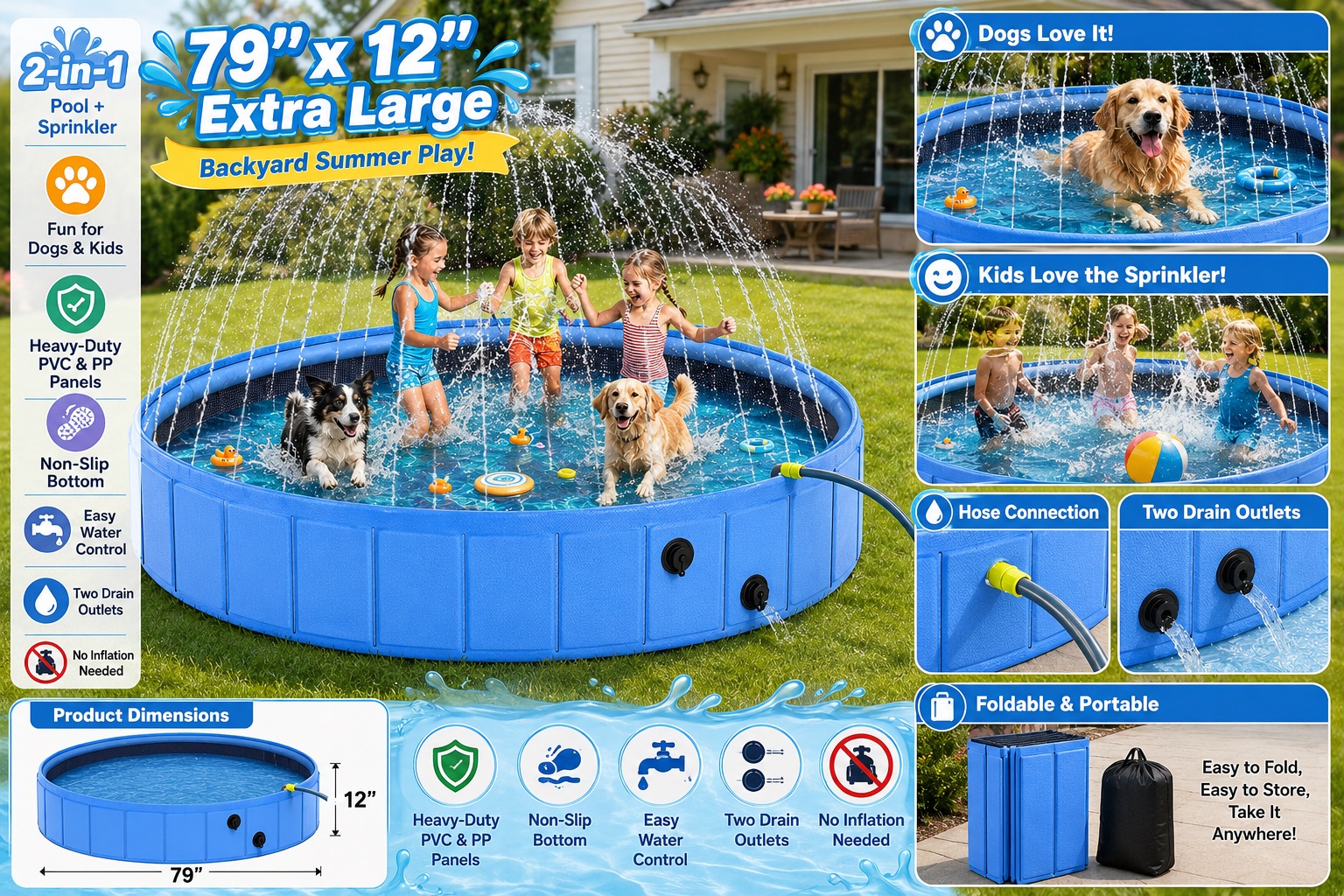 An extra-large 2-in-1 pool and sprinkler combo measuring 79 by 12 inches. Three kids and two dogs enjoy the high fountains spraying from the rim. Product features highlight no inflation needed, non-slip bottom, two drain outlets, and portable folding design.